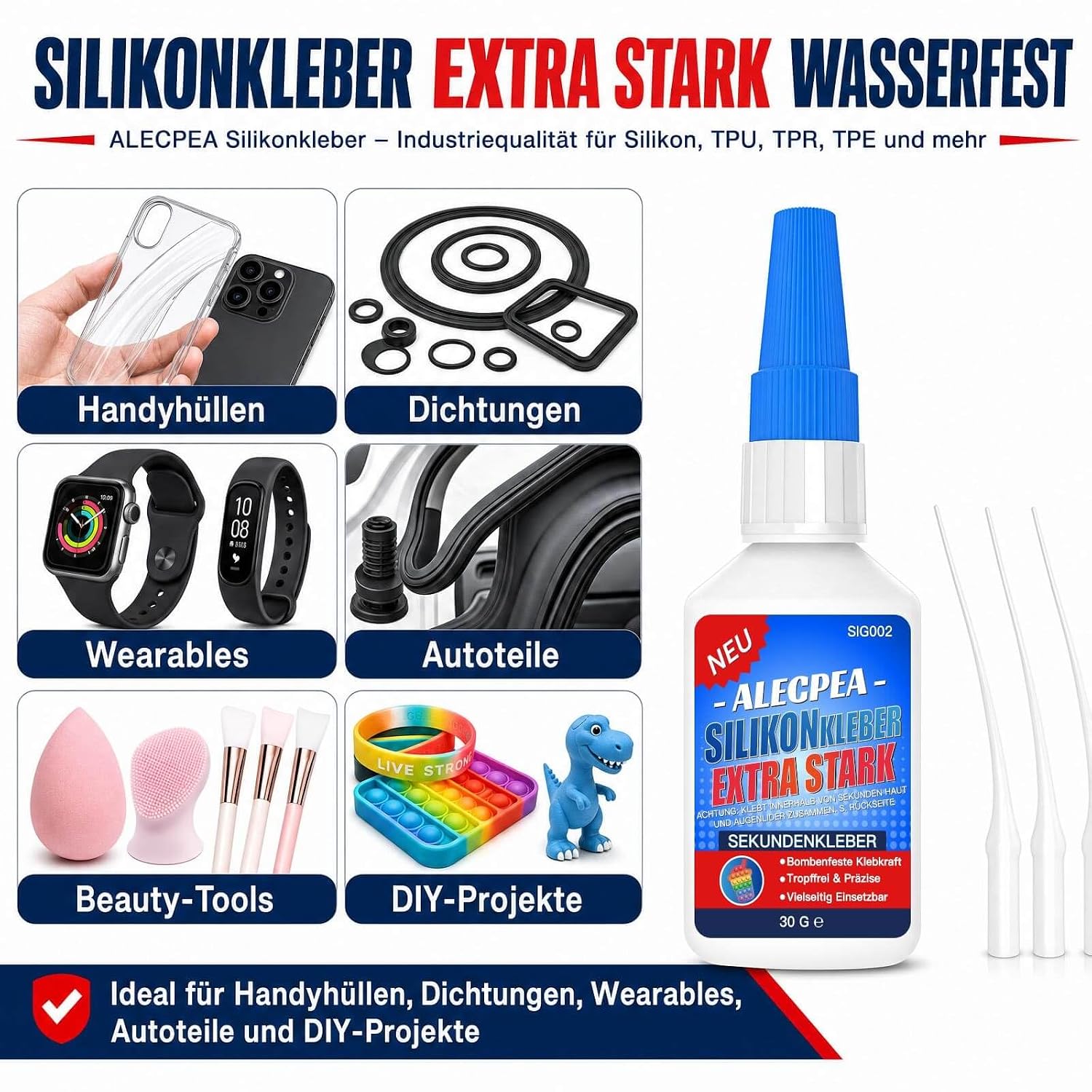 Thumbnail 3 de ALECPEA Silikonkleber transparent wasserfest – 30 g, 3 Röhrchen, schnelle Haftung