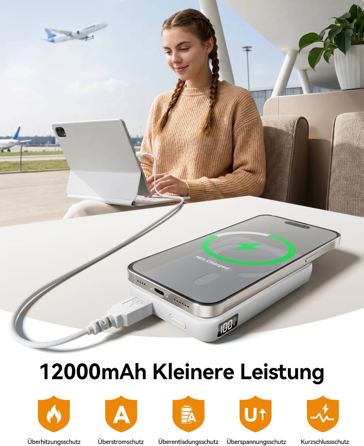 Thumbnail 5 de Powerbank für MagSafe 12000mAh – Kabelloses, 3-in-1 Ladegerät mit 22,5W PD, integrierter Drehständer und LED-Anzeige