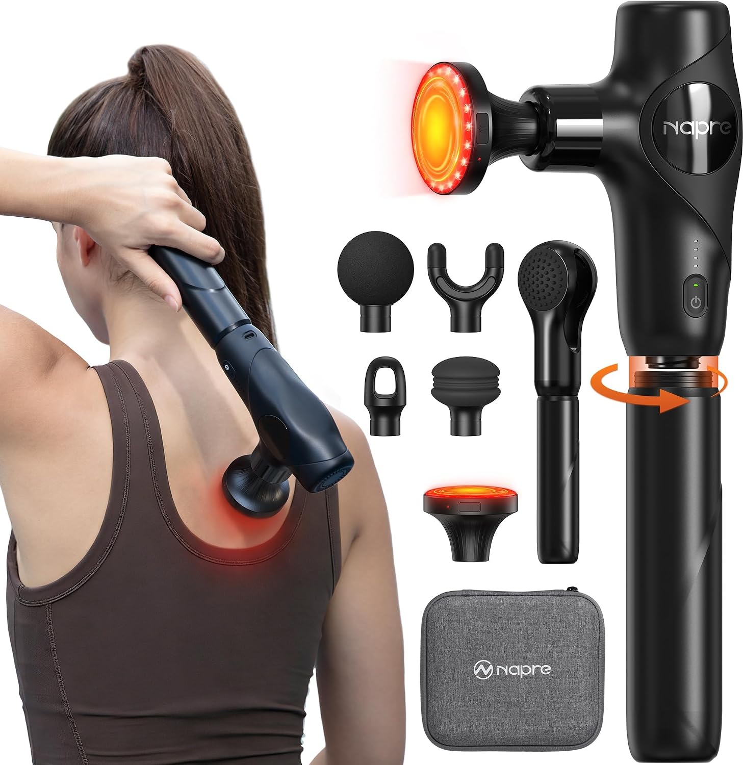 Detalle de NAPRE Mini Pistolet de Massage 3 en 1 avec Tête Chaude et Lumière Rouge