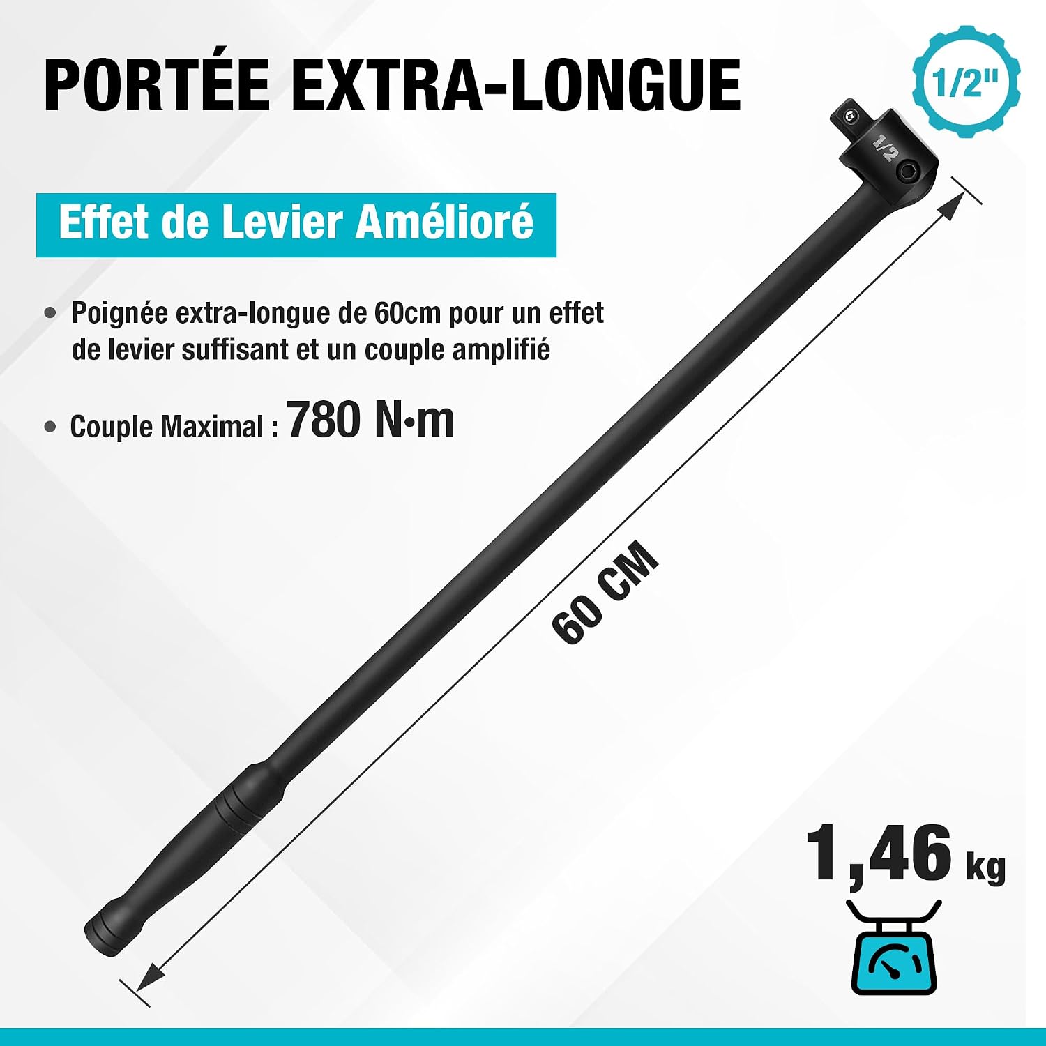 Detalle de DURATECH Clé à Cliquet Articulée 1/2" – Barre de force 600 mm, tête flexible 240°, 780 Nm