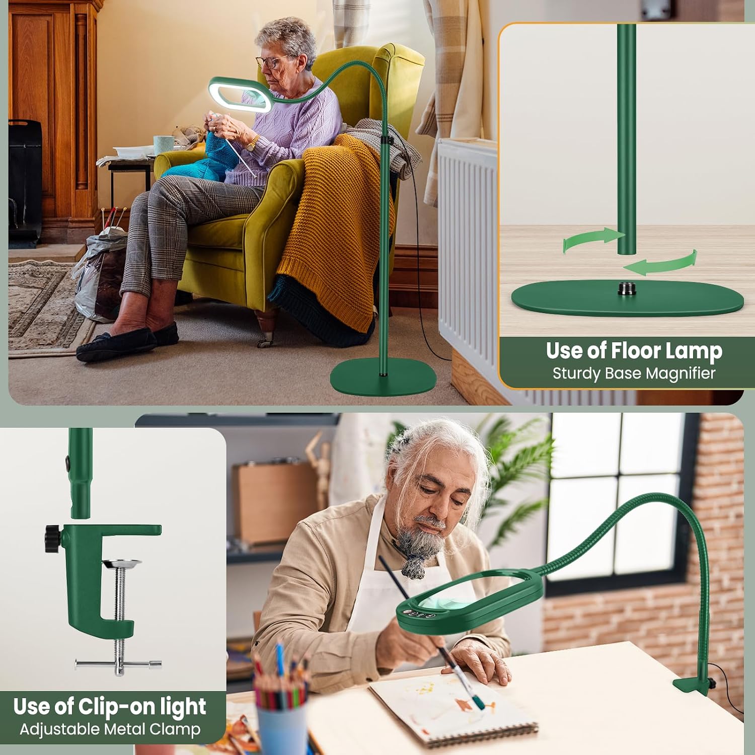 Detalle de Veemagni 12X Rectangular Magnifying Glass with Light and Stand – 3-in-1 LED Floor Lamp with 24" Flexible Gooseneck