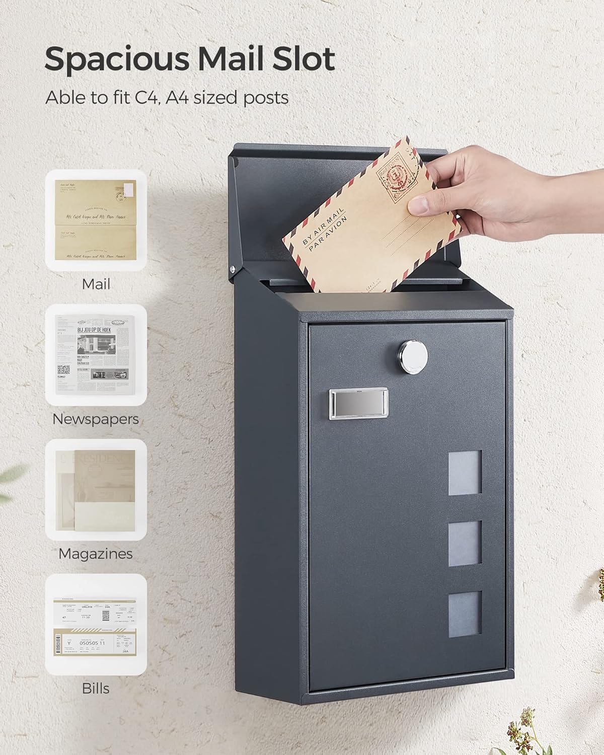 Thumbnail 3 de SONGMICS Post Box Anthracite Grey 11.5x25.5x39.5 cm