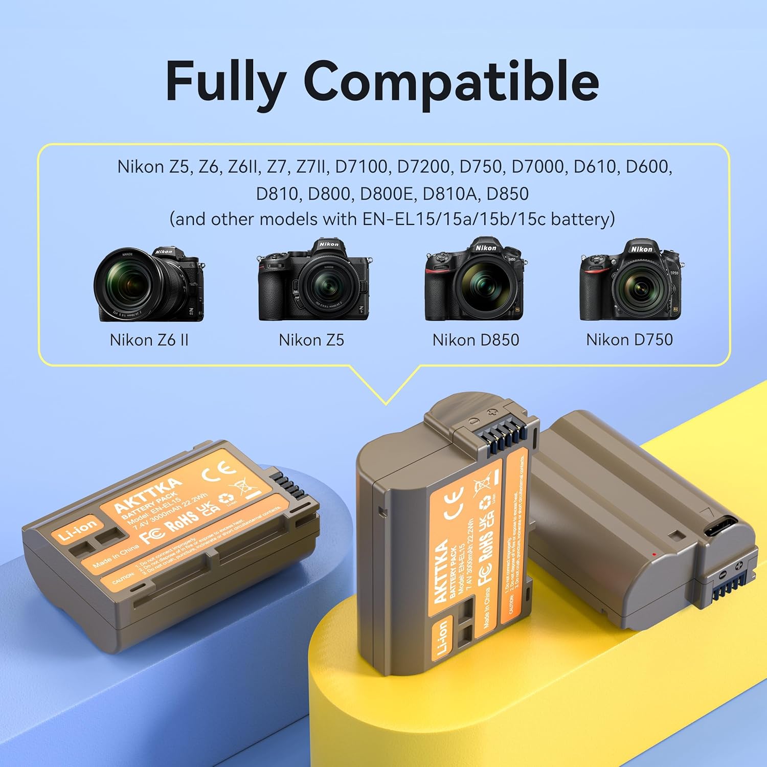 Thumbnail 1 de AKTTKA EN-EL15C 3000 mAh batterie per fotocamera (3 pezzi)