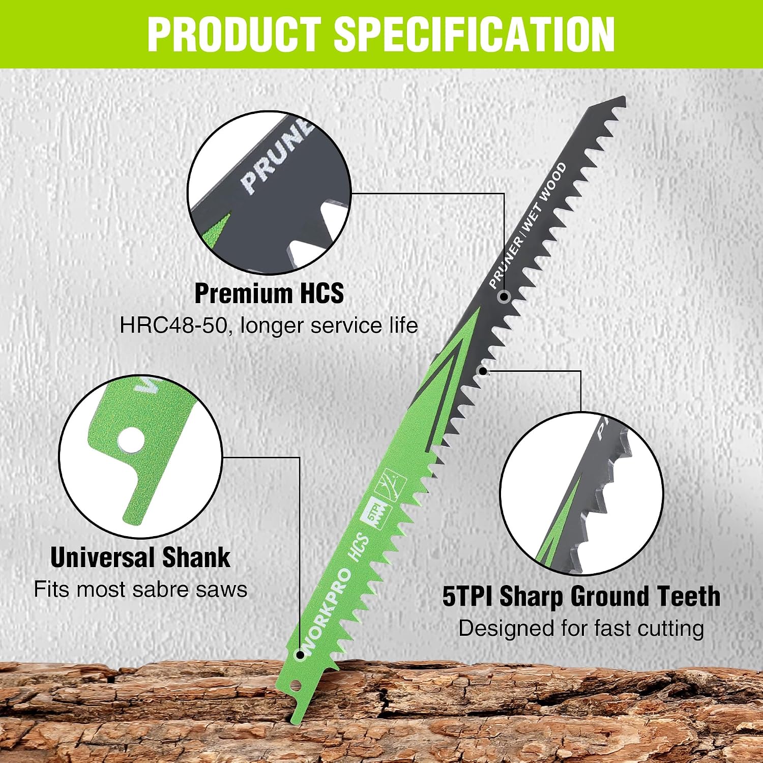 Detalle de WORKPRO 230mm 5-Piece Reciprocating Saw Blades Set (5 TPI) for Green Wood & Branches