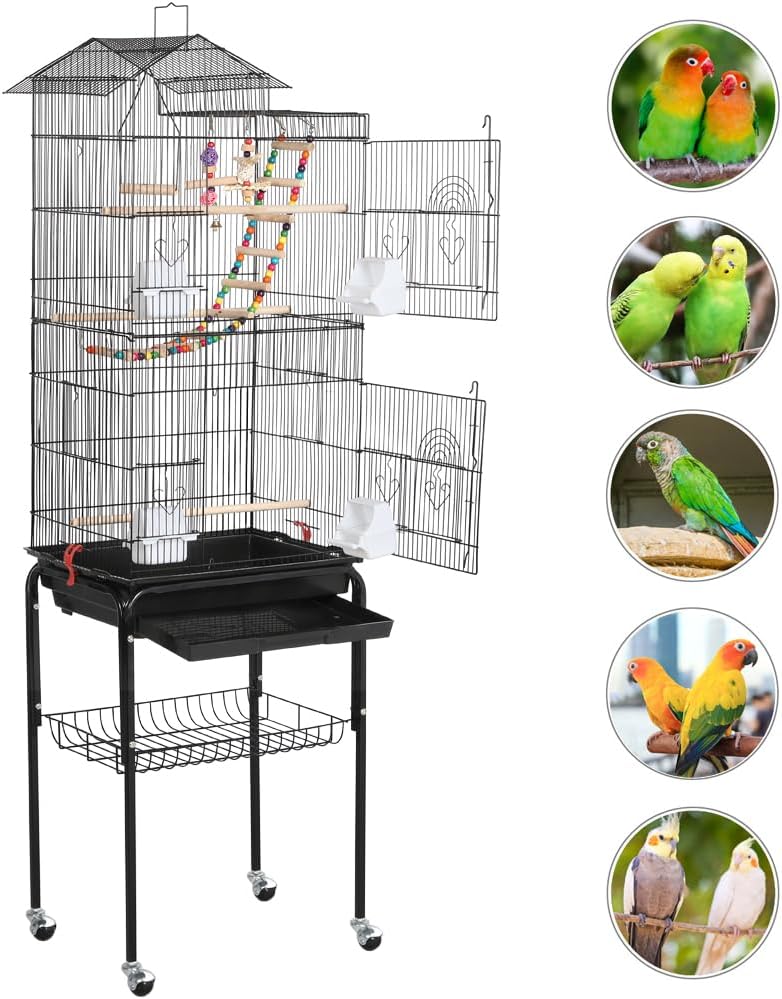 Detalle 2 de Yaheetech Gabbia Voliera per Uccelli con piedistallo su ruote e accessori inclusi, 46 x 35,5 x 158,5 cm