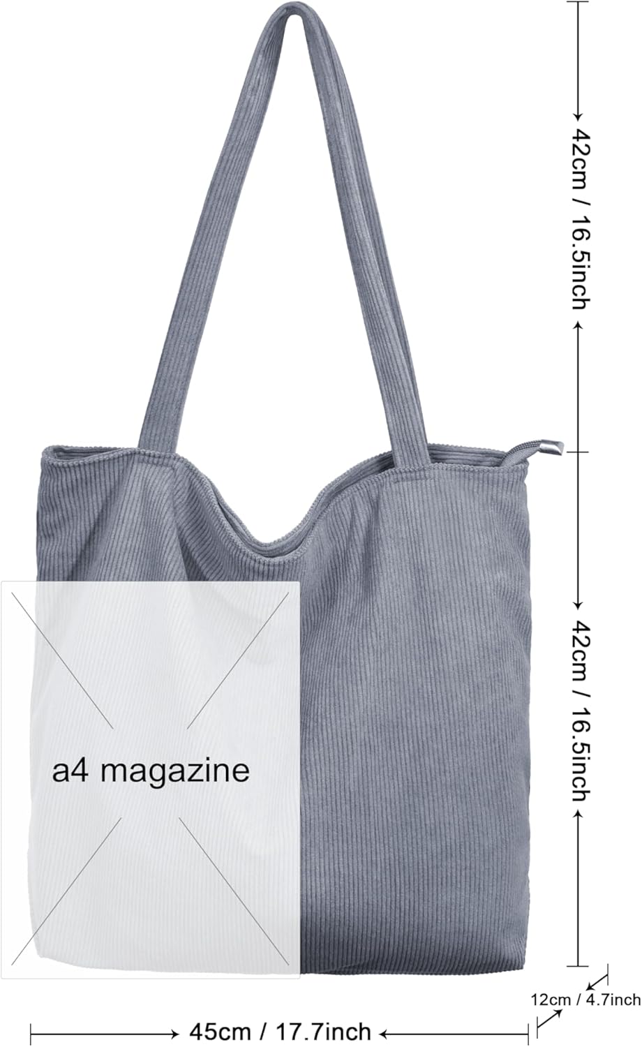 Detalle de Cord Tasche Damen Umhängetasche Tote Bag – Große Kapazität, Reißverschluss, Kord