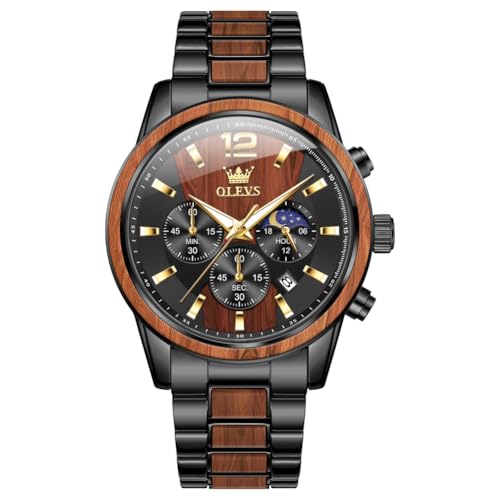 Detalle de OLEVS Montre chronographe Homme à Quartz Japonais – Bracelet Bois Massif ou Acier Inoxydable, 30 m – Bois de Santal Rouge 3645