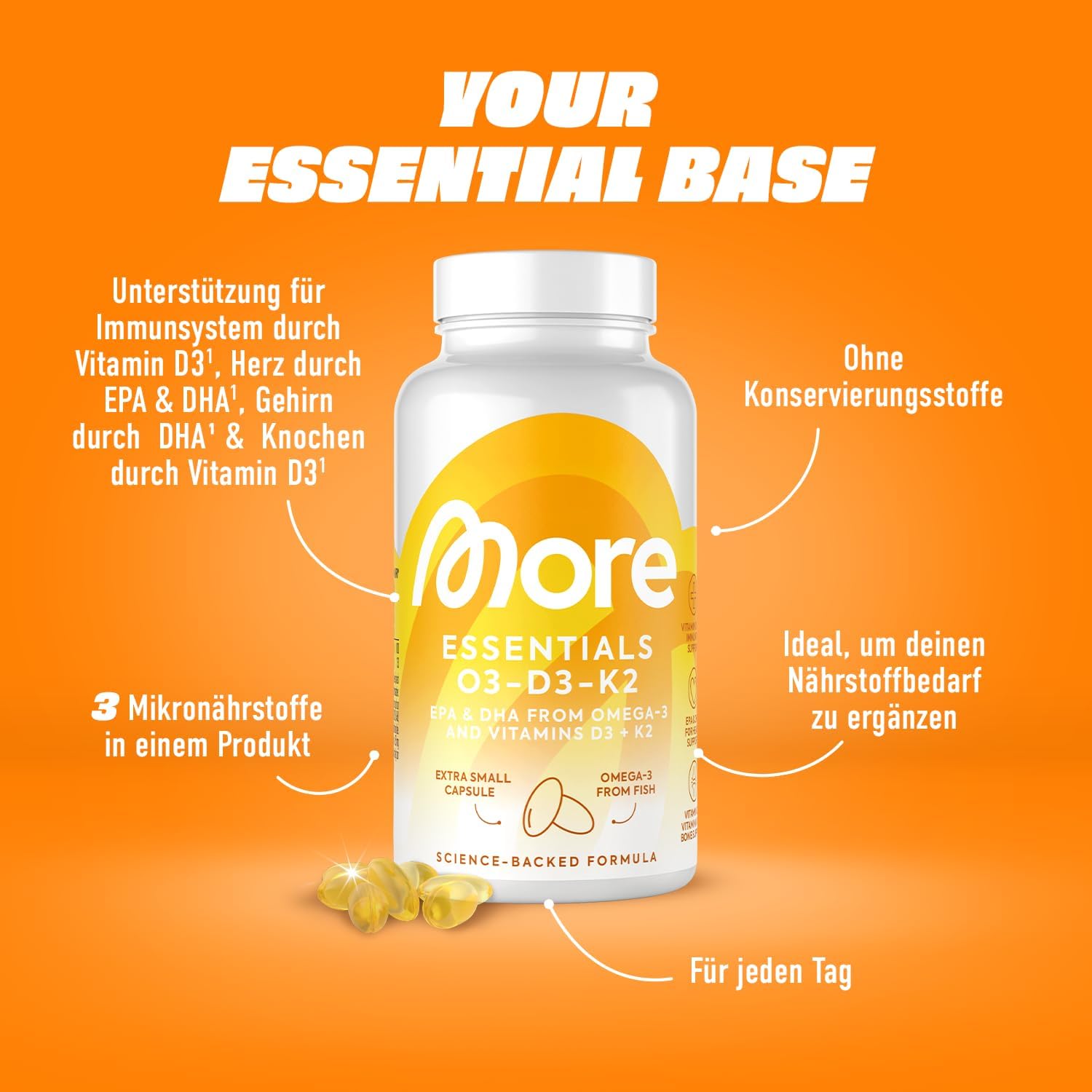 Thumbnail 1 de MORE Vegan Essentials O3-D3-K2 (80 Kapseln) – veganes Omega-3 aus Algenöl mit Vitamin D3 & K2
