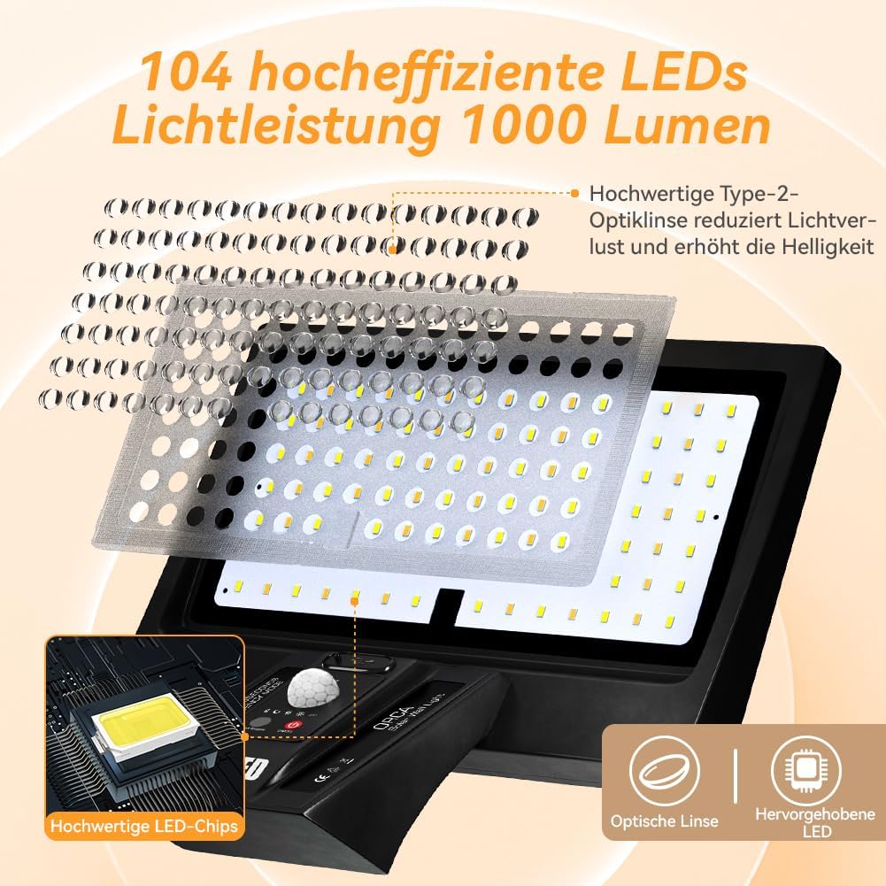 Thumbnail 1 de JESLED Solarlampen für außen mit Bewegungsmelder (2 Stück) – 104 LEDs, IP65, 3 Farbtemperaturen