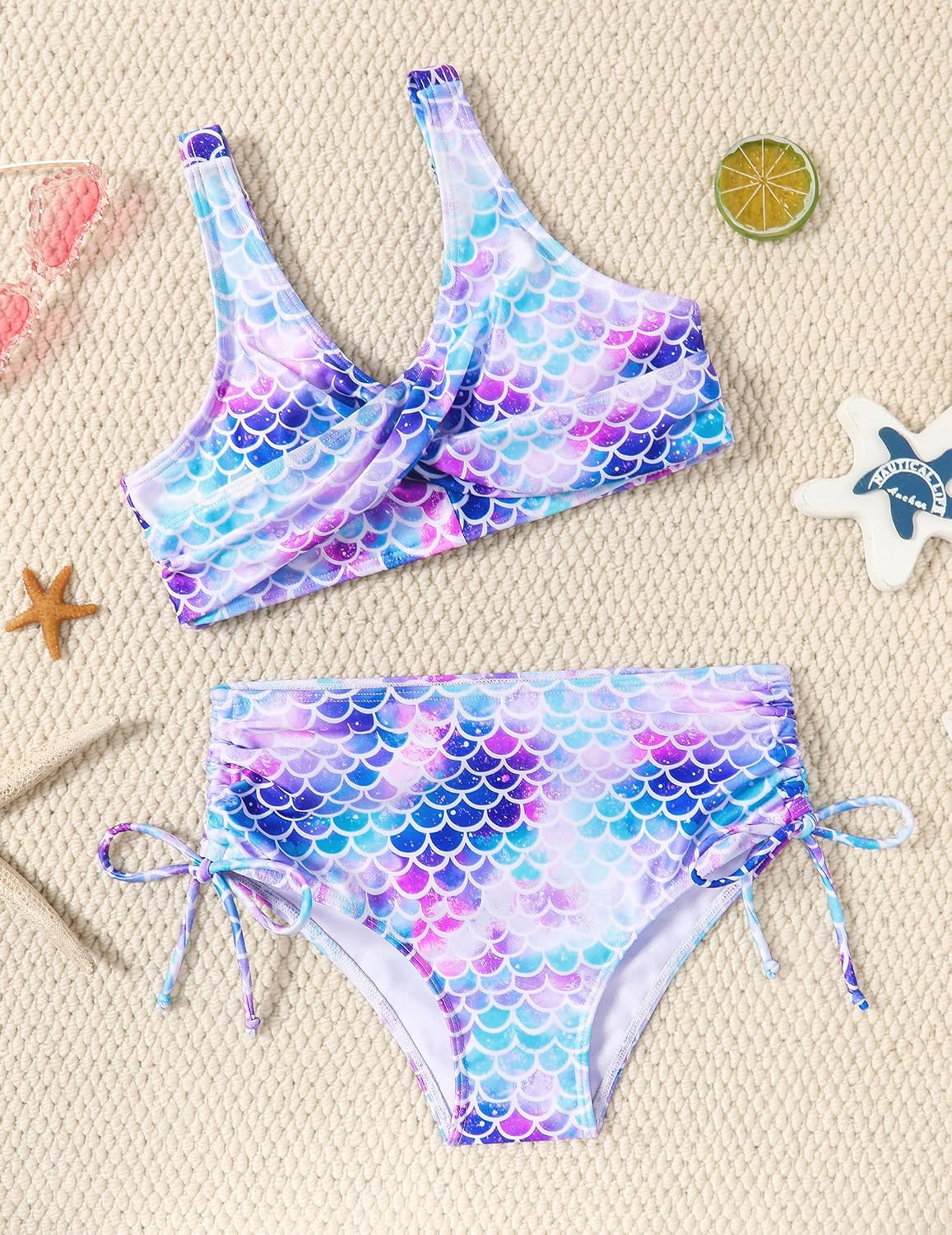 Detalle de Maillot de bain 2 pièces fille Arshiner (tankini séparé) motif sirène, taille haute à cordon