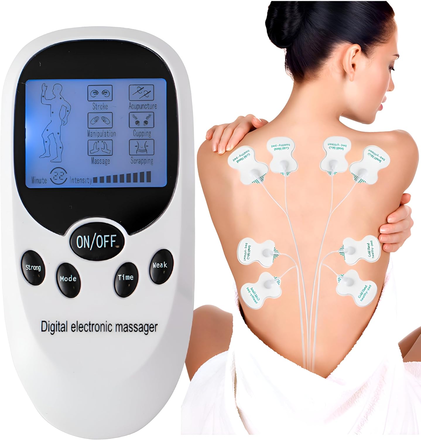 Detalle de HMYILY TENS-muskelstimulator med dubbla utgångar, 8 kuddar och 6 lägen