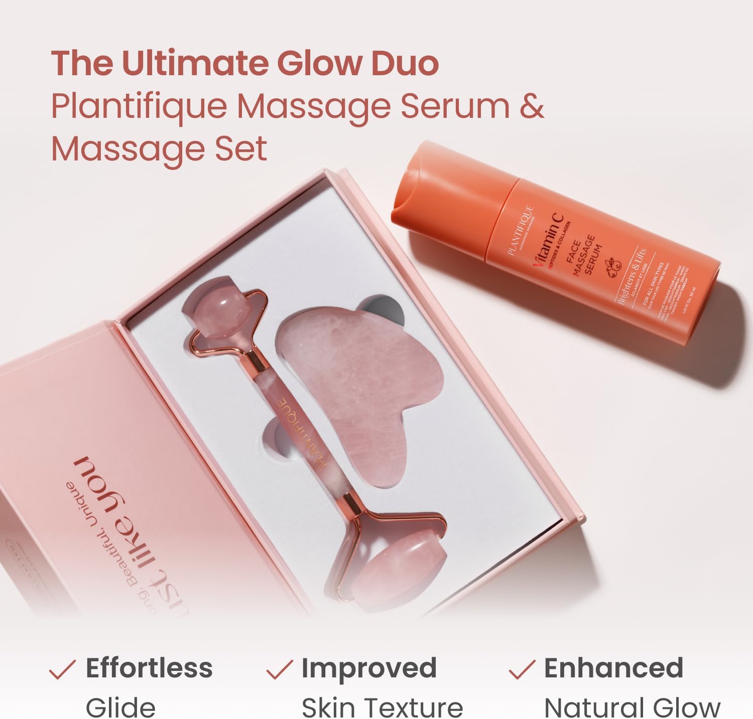 Detalle de Plantifique Rose Quartz Roller & Gua Sha Set – Face Massager & Skincare Tool