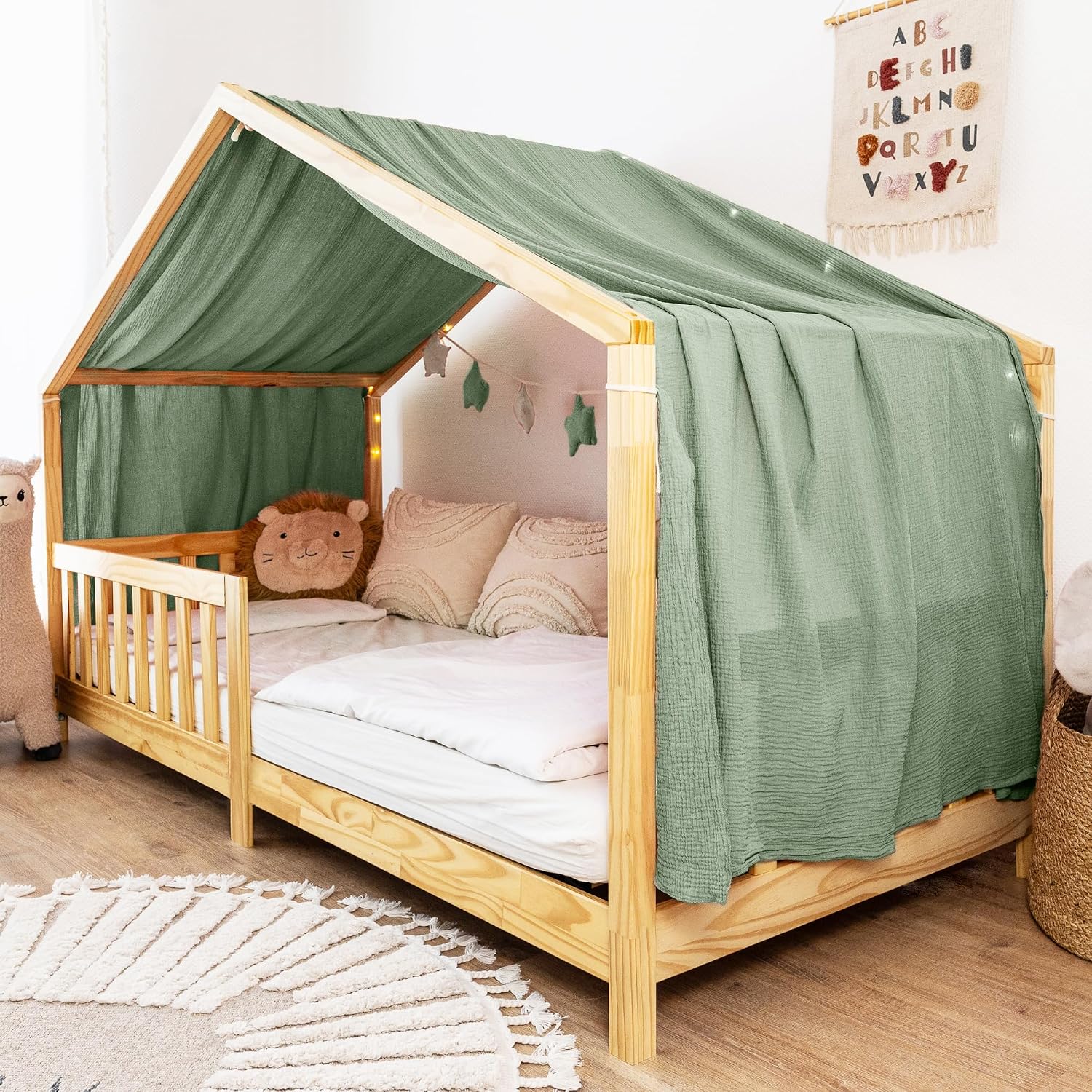 Detalle de lilimaus BH-HB-SINGLE-135x320-GRÜN bedhemel van mousseline katoen, handgemaakt