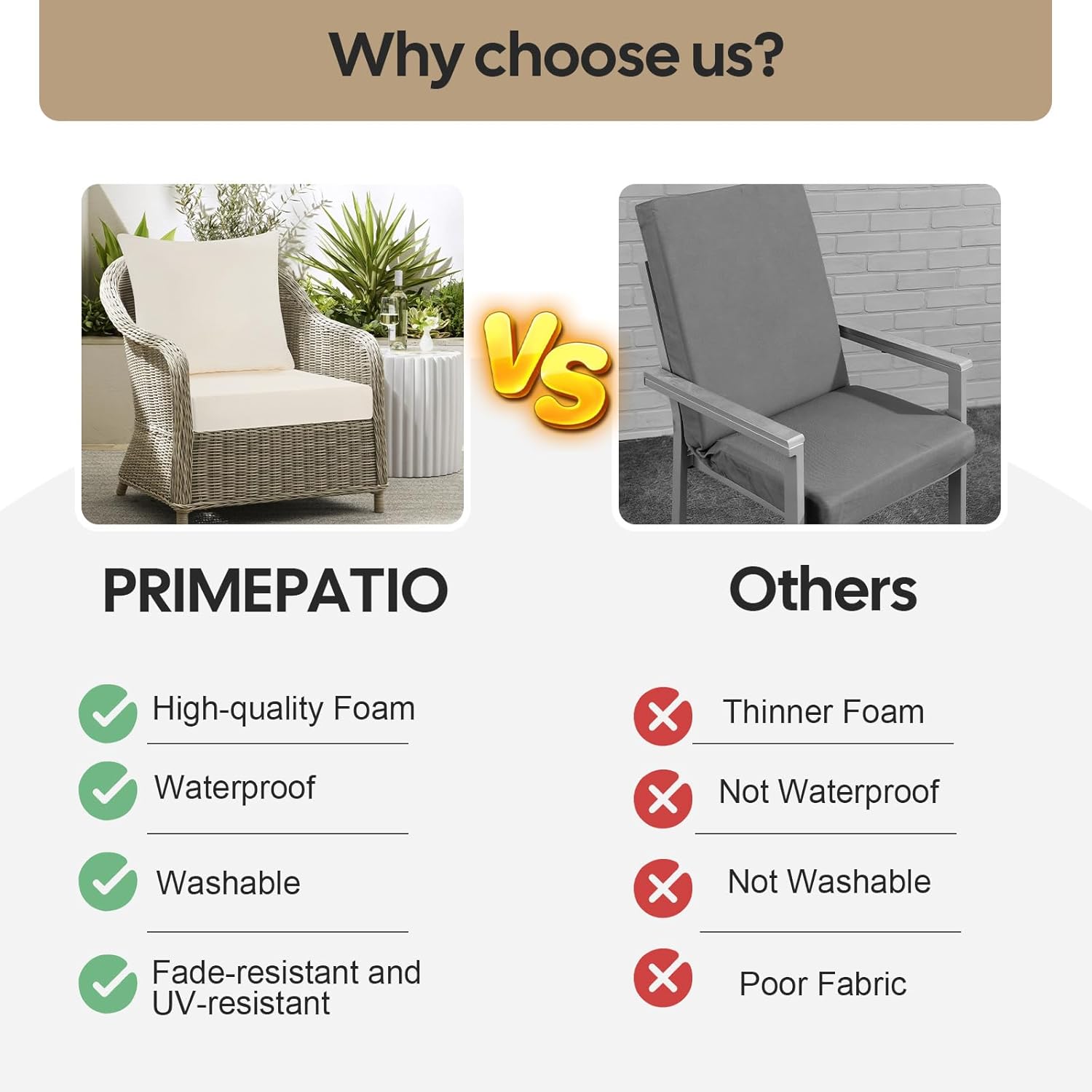 Thumbnail 6 de PRIMEPATIO 40 x 40cm Outdoor Garden Chair Cushion with Backrest, 7cm Waterproof Seat Pad (Beige)
