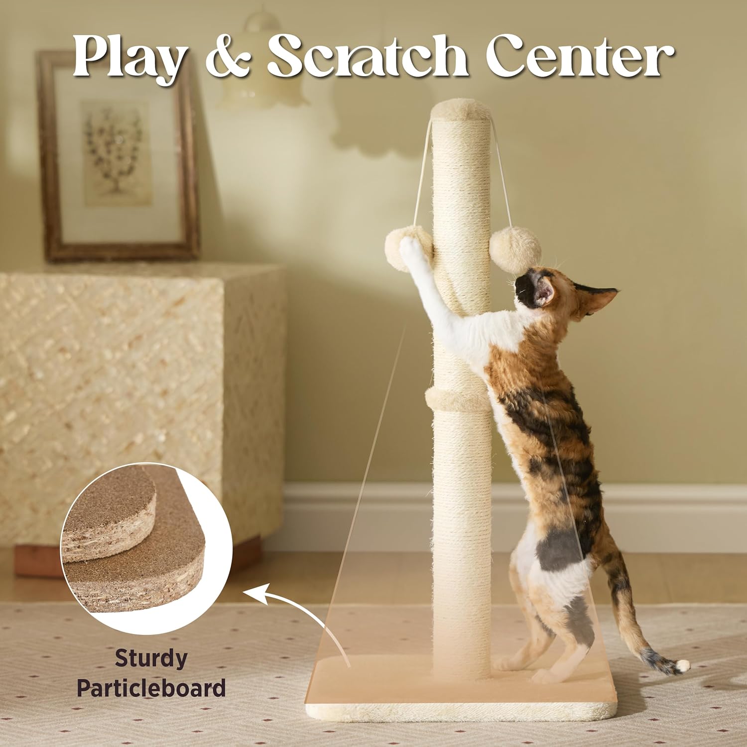 Thumbnail 3 de Lesure Kratzsäule Mittelgroß für Indoor-Katzen (36 × 36 × 74 cm) mit hängendem Spielball, Sisalseil & stabiler Basis – Beige