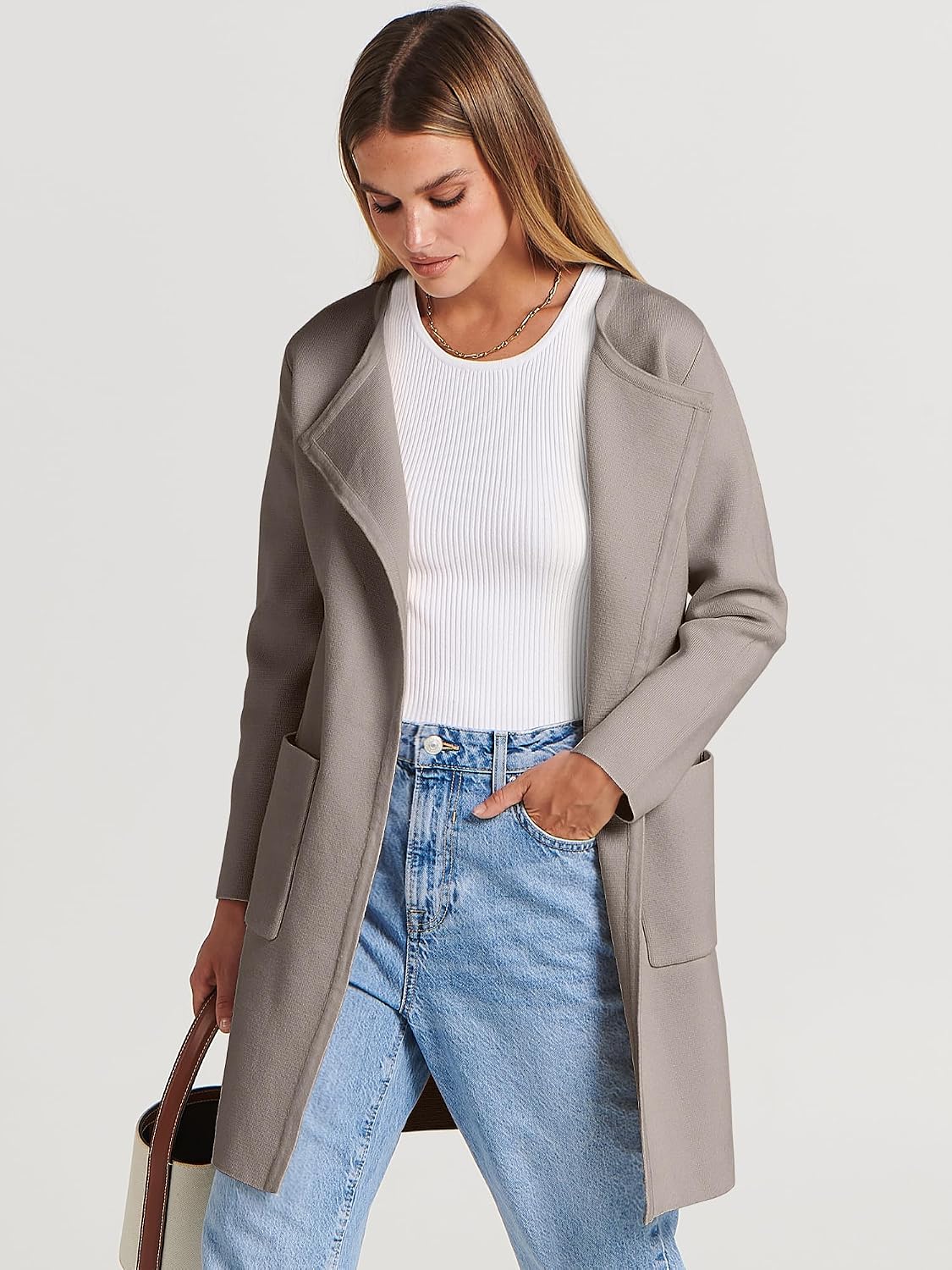 Detalle 2 de ANRABESS Women's Mid-Length Open-Front Cardigan Sweater with Lapels and Pockets