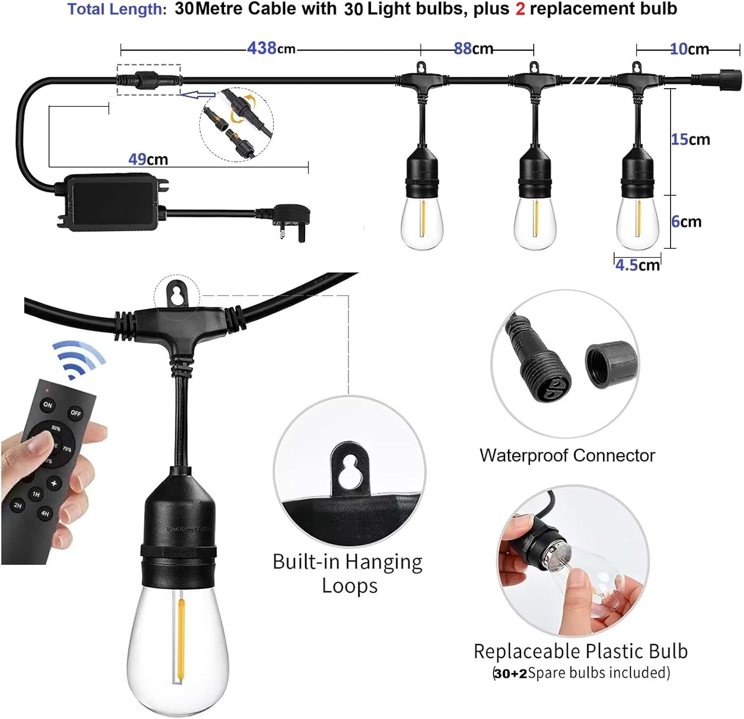 Detalle de 30M Festoon Lights Outdoor with Remote Control – 30+2 LEDs, IP65, Timer, and 4.4m Extension Cable