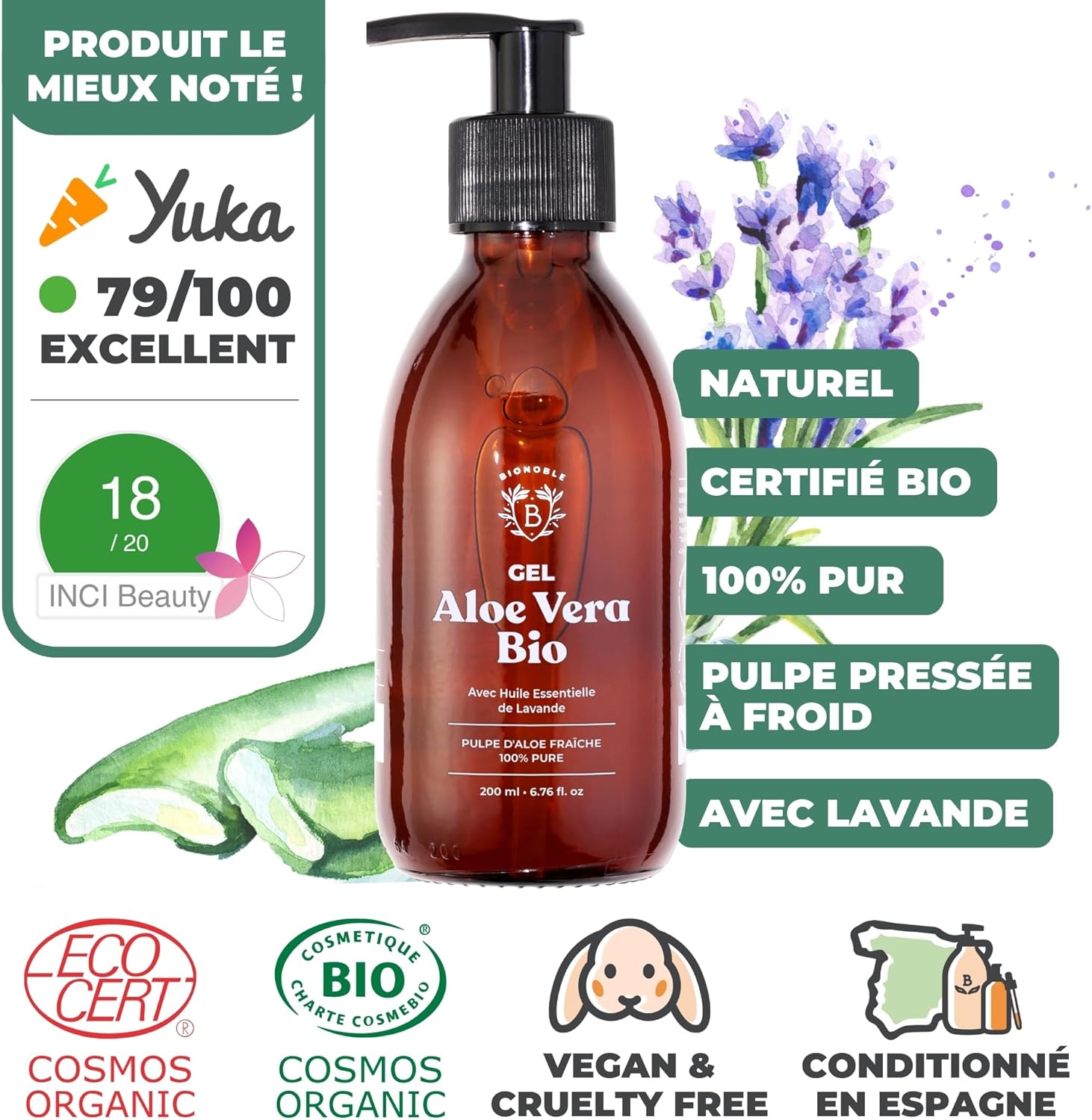 Thumbnail 1 de BIONOBLE Gel Aloe Vera Bio 97% avec huile essentielle de lavande (200 ml) en flacon en verre