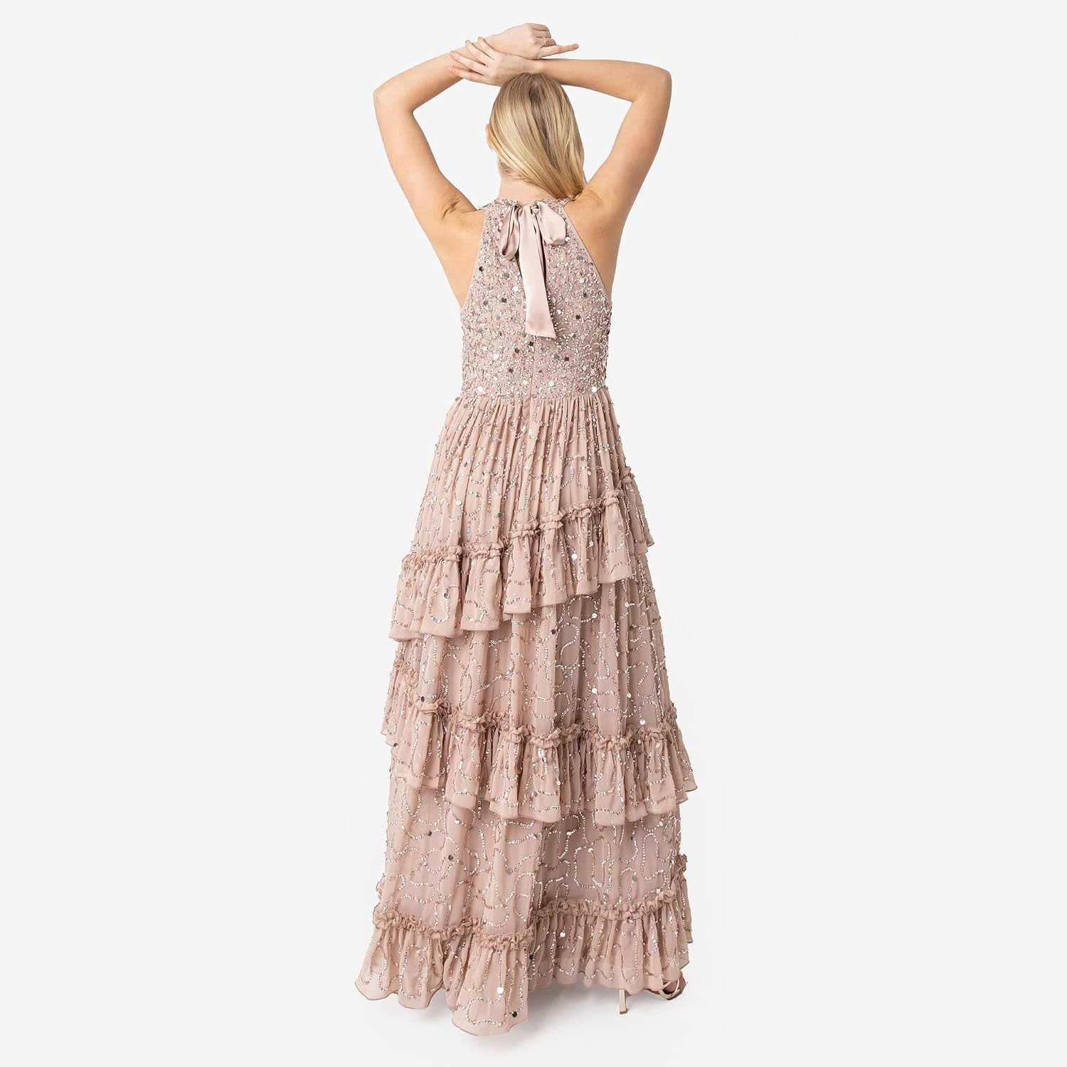Detalle de Maya Deluxe embellished tie-back maxi dress for women in taupe blush (sleeveless ruffle evening occasion dress)