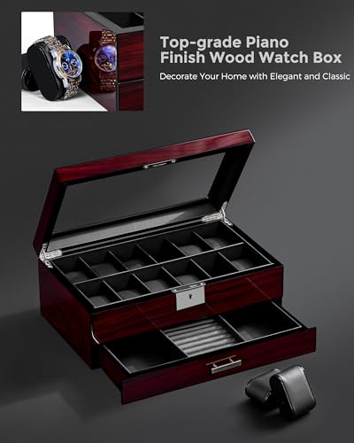Thumbnail 4 de ANWBROAD 12 Slots Watch Box for Men – 2-Tier Wooden Case with Lockable Glass Lid