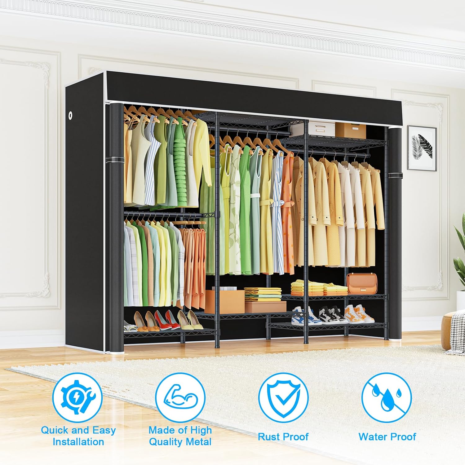 Detalle 2 de Ulif E13C Closet Organizer with 8 Shelves, 4 Hanging Rods and Dust Cover