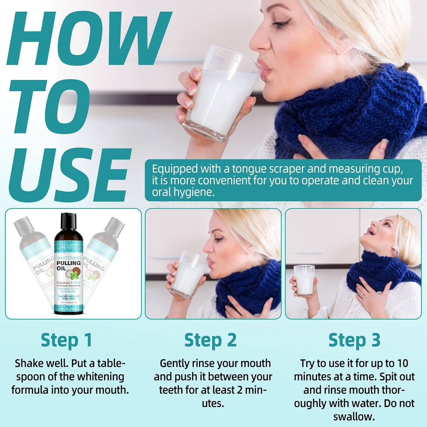 Thumbnail 6 de Bain de bouche huile de noix de coco avec gratte-langue Mint Oil Pulling (lot de 1, 237 ml)