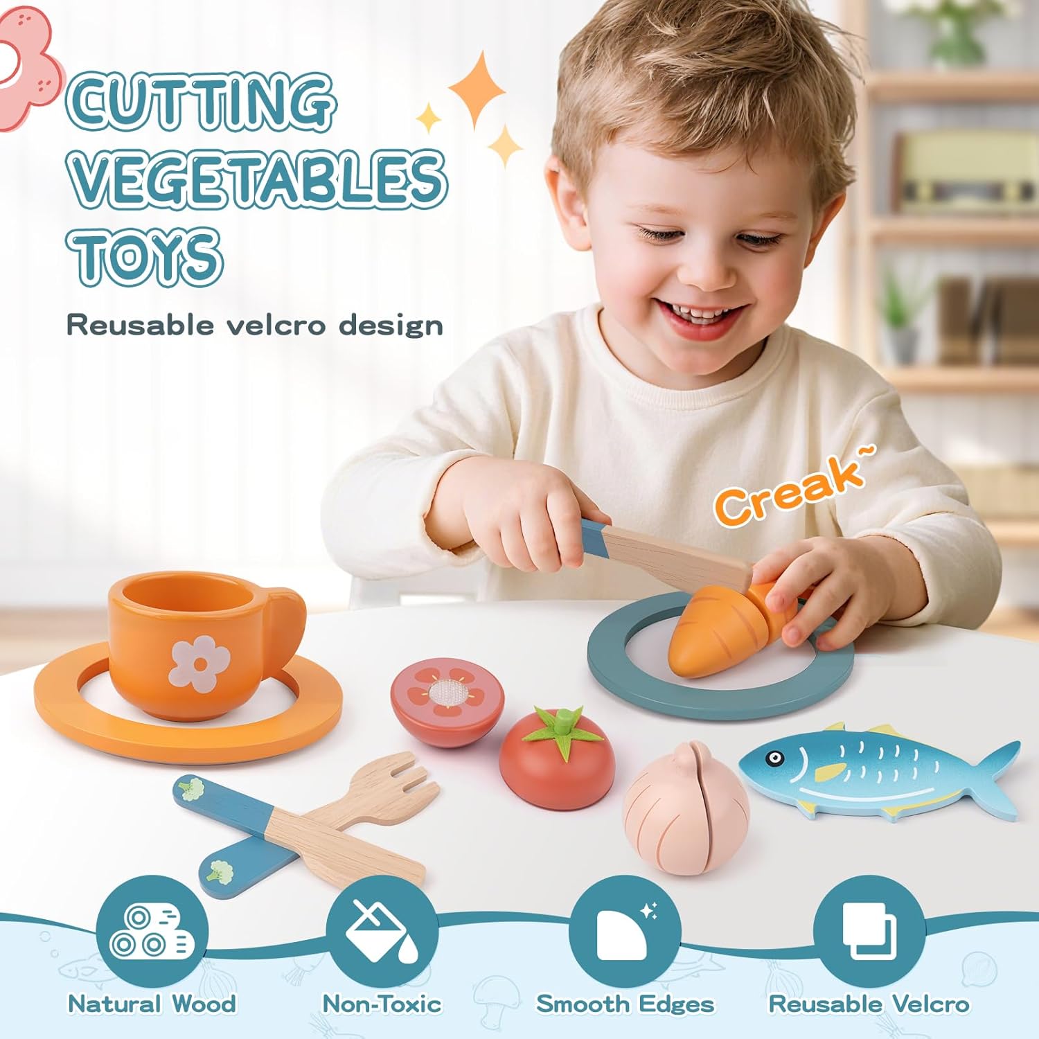 Detalle 2 de JOYSINTOY Set da cucina giocattolo in legno per bambini (pentole, padelle e accessori)
