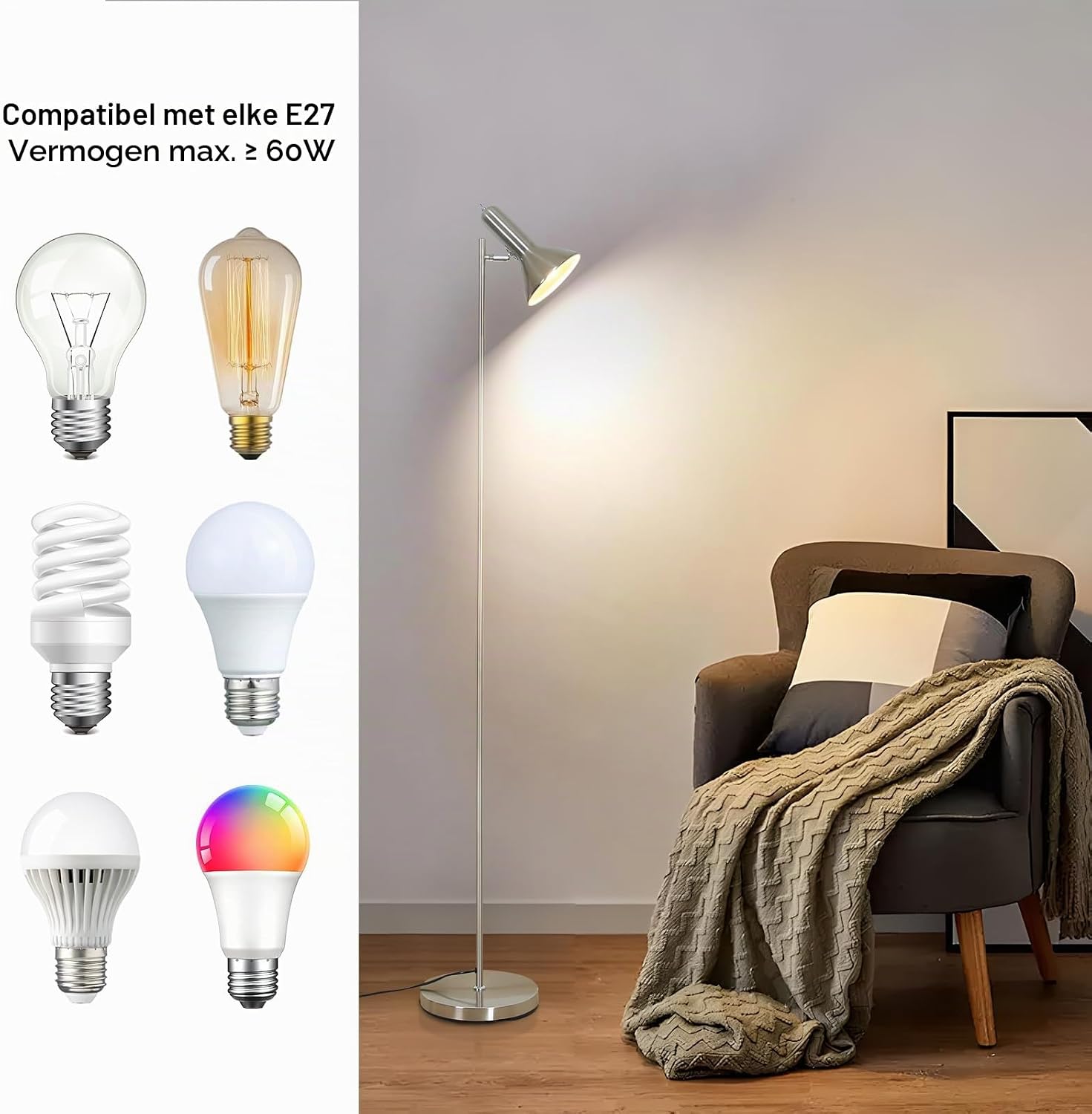 Detalle 2 de Amdelne vloerlamp met verstelbare lichtkop, E27-fitting en metalen nikkelkleur