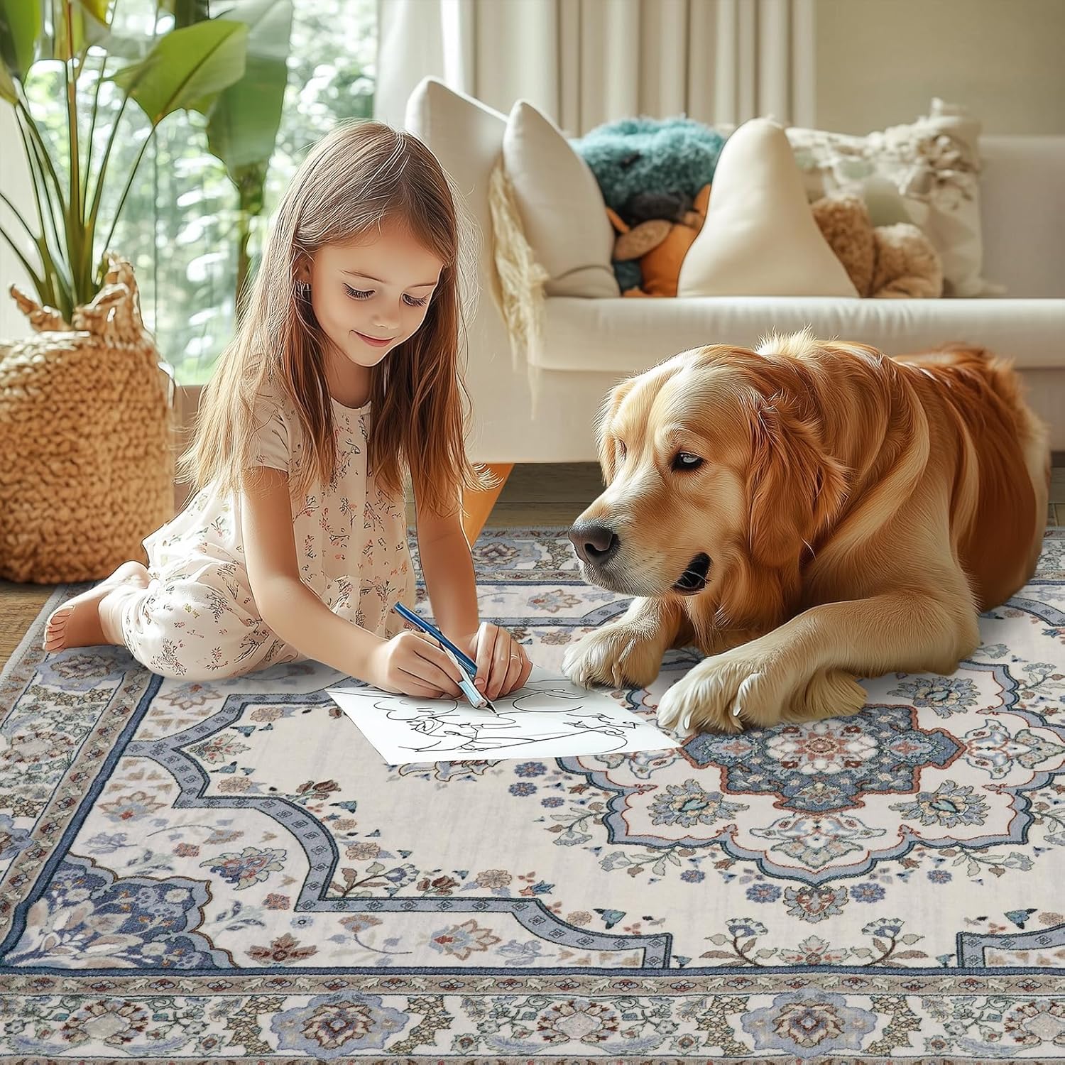 Thumbnail 6 de MAST DOO Teppich Wohnzimmer 140x200 cm – Boho Blumen Kurzflor, Waschbar, Blau-Weiß, rutschfest