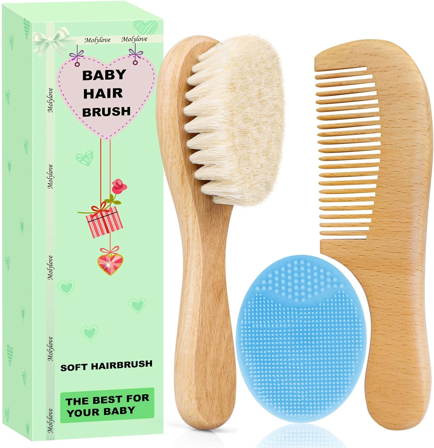 Detalle de Molylove 3PCS Baby Hair Brush with Wooden Handle and Comb Set – Natural Goat Bristles for Newborns & Toddlers