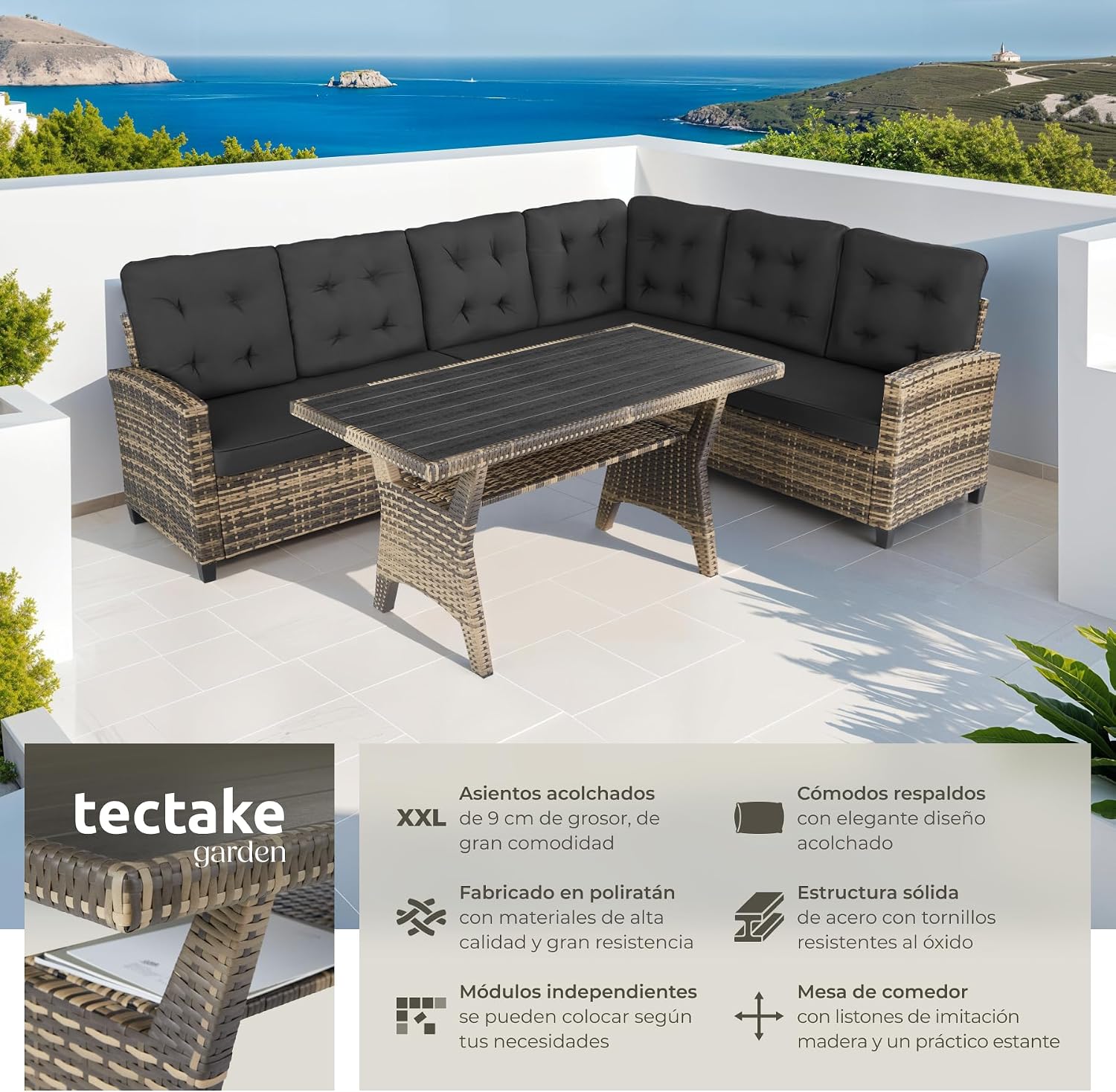 Detalle de tectake Conjunto Jardín de Ratán con cojines 9 cm