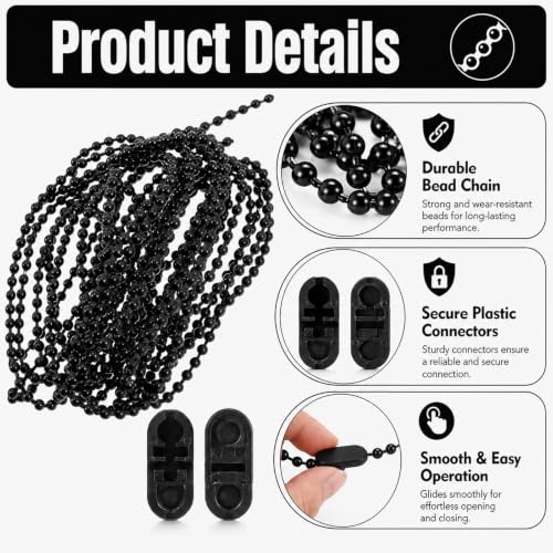 Detalle de KALUROIL Chaînette de store noire, lot de 3 × 10 m avec 30 clips