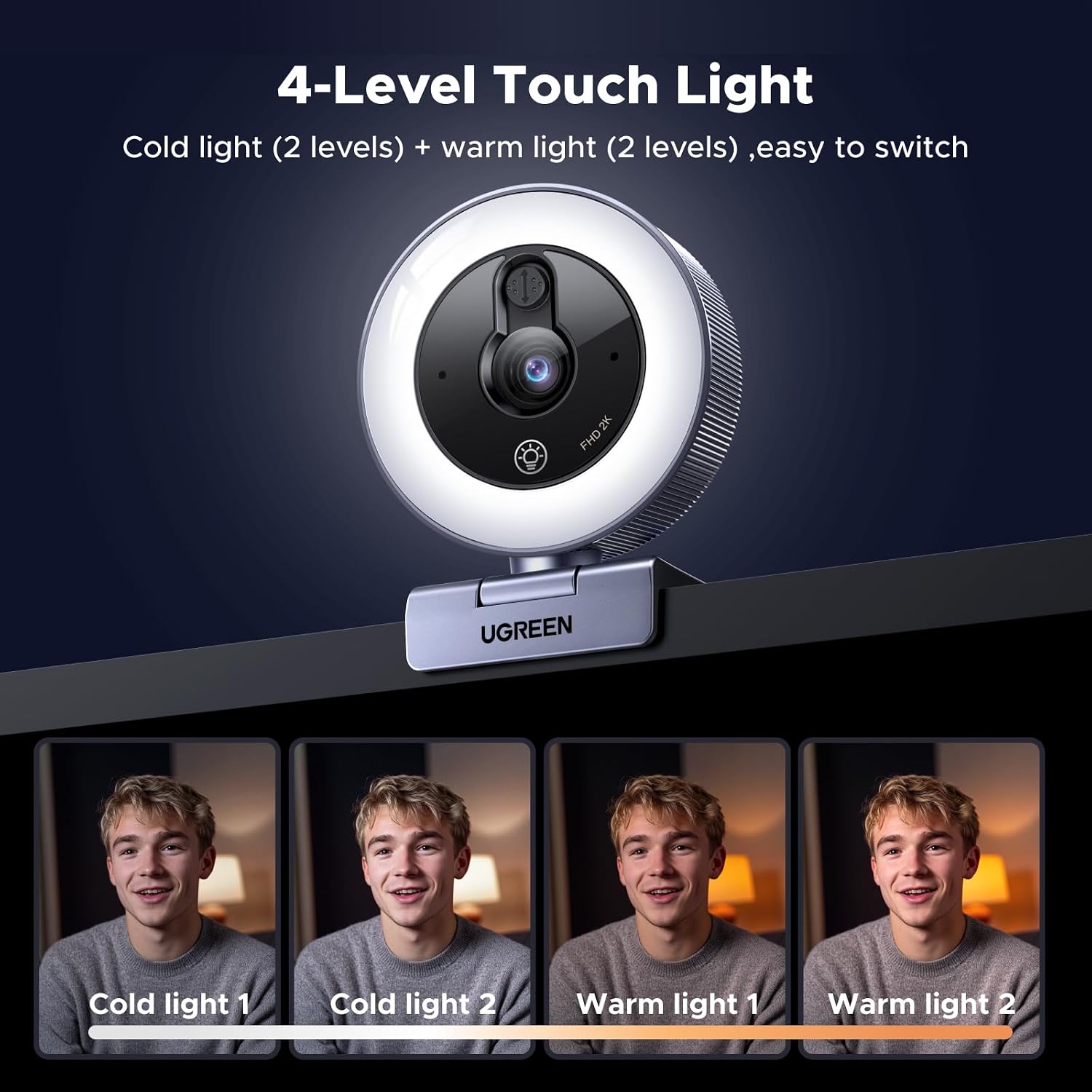 Detalle 2 de UGREEN 2K/30fps Webcam for PC with ring light