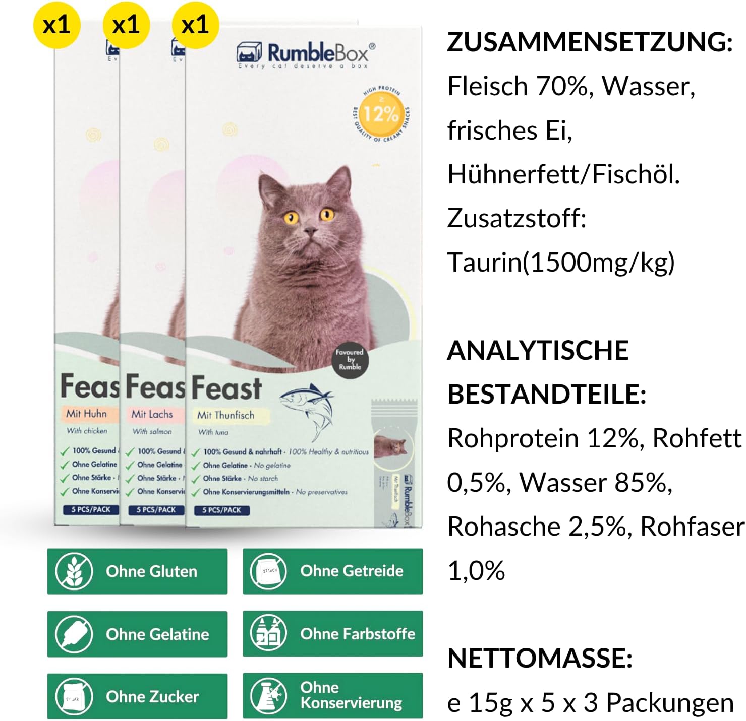 Detalle de RumbleBox Schleckies (Ultimate Sparbox) – getreidefrei & zuckerfrei, mit 70% Fleisch und Taurin
