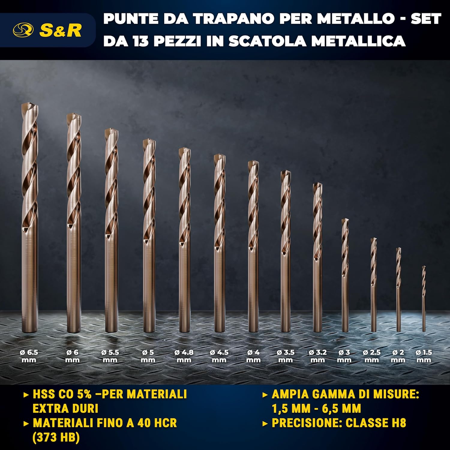 Detalle de Set punte trapano S&R in lega di cobalto 1,5–6,5 mm, 13 pezzi – DIN 338, HSS Cobalto 5%