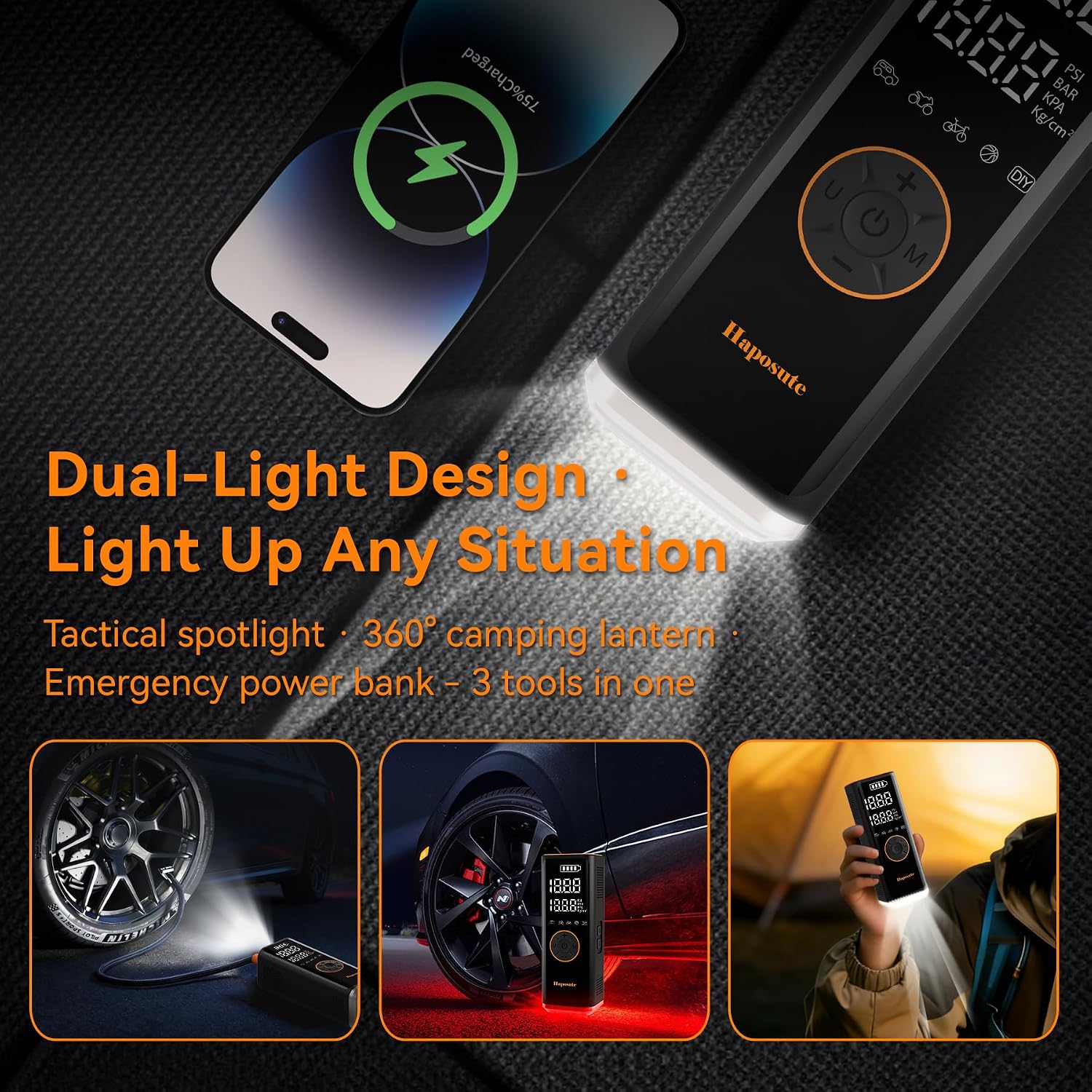 Thumbnail 4 de Haposute Tyre Inflator Portable Air Compressor 12V DC — 150 PSI, 6000mAh Battery, Dual LED Light
