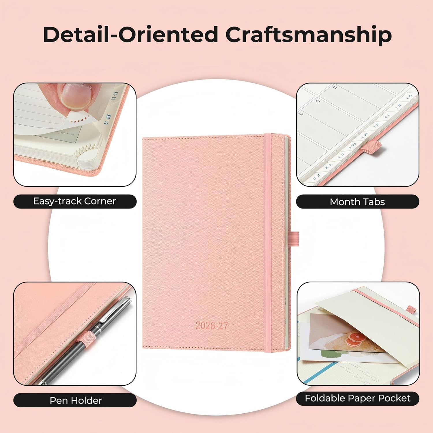 Detalle de IN-LUXPRO Academic Diary 2026-2027: A5 Week to View (Pink PU Leather)