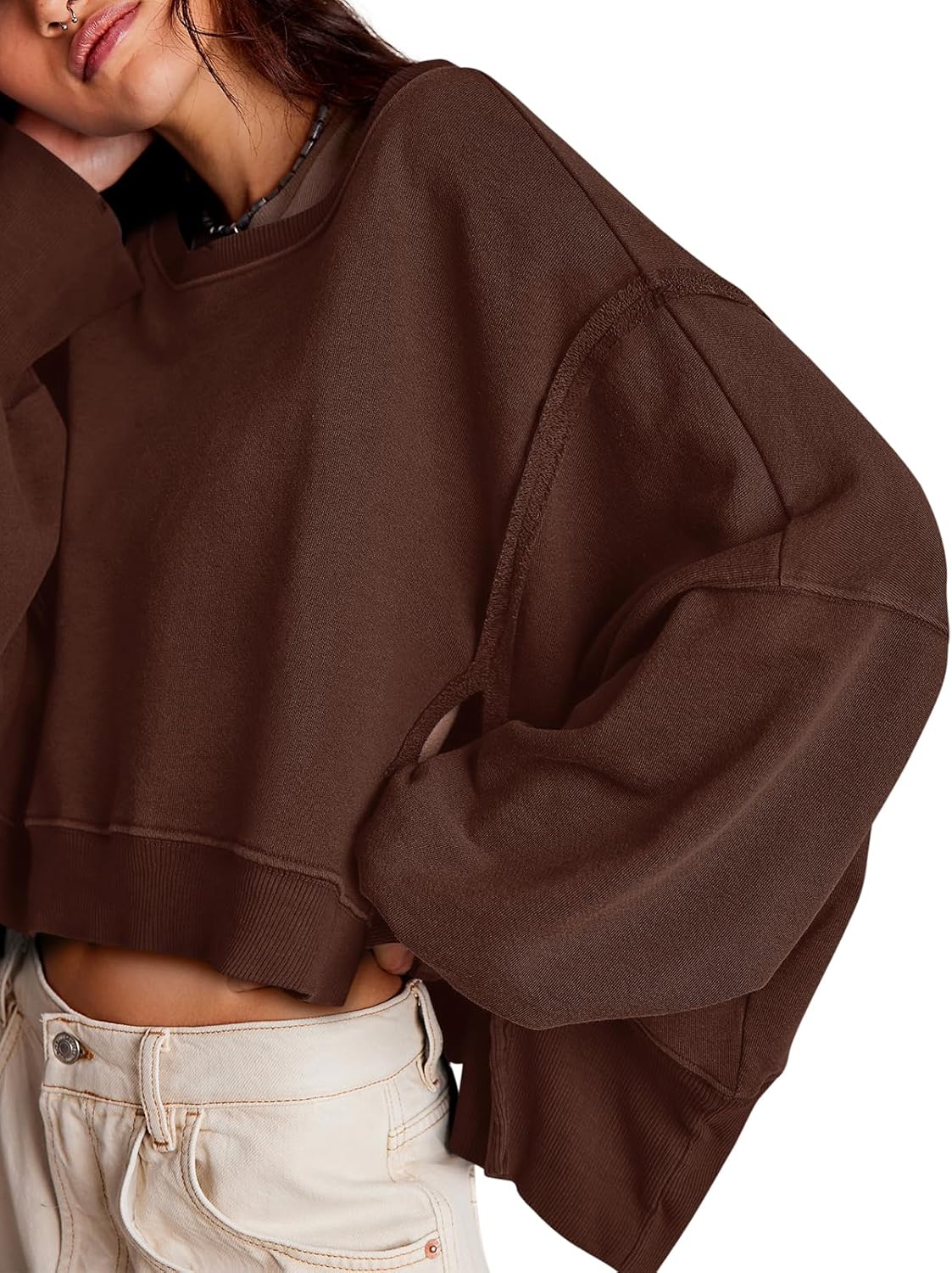 Thumbnail 3 de Zwurew Womens Casual Crewneck Sweatshirt Pullover (Long Sleeve, Side Slit, Loose Fit Crop Tee)