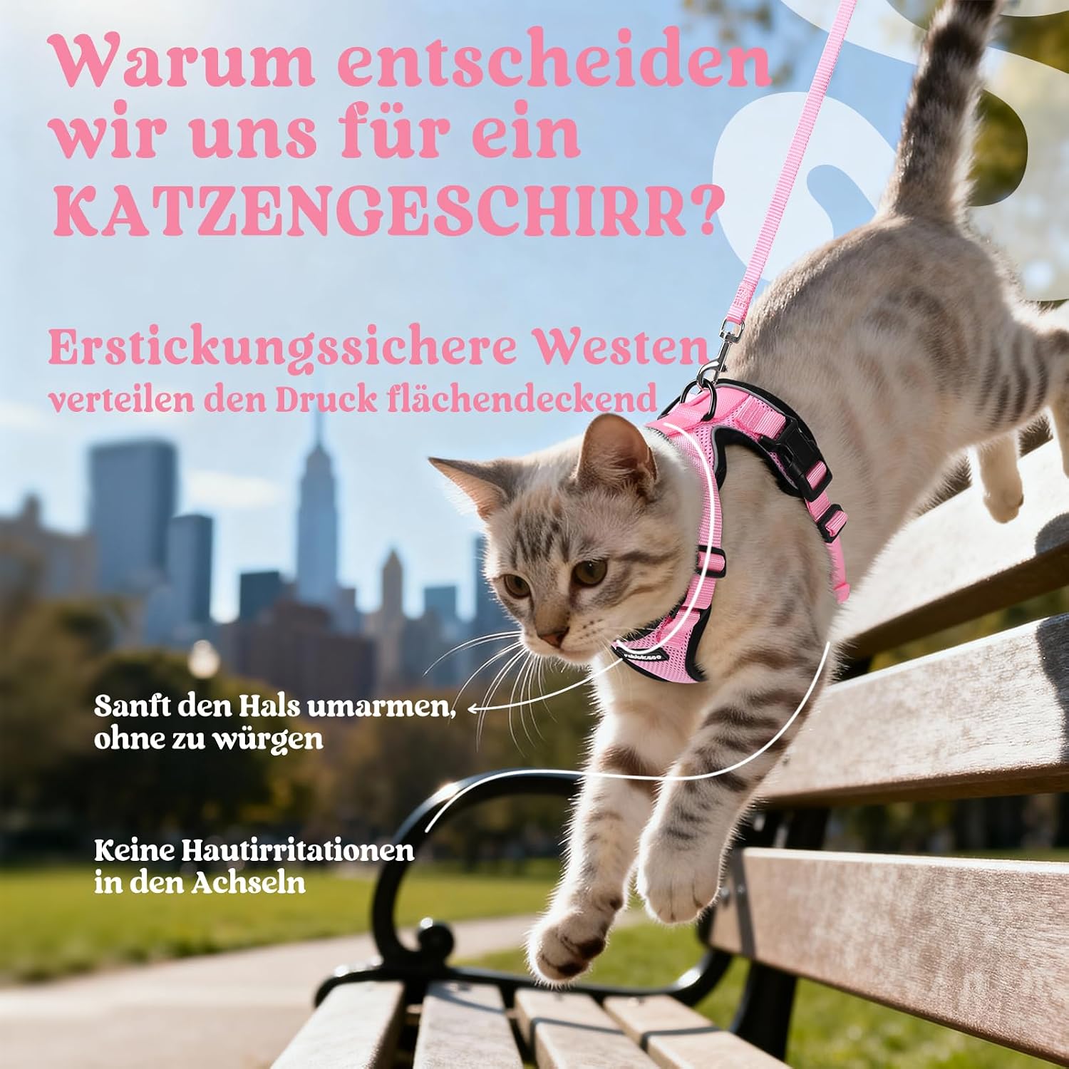 Thumbnail 2 de rabbitgoo Katzengeschirr mit Leine Softgeschirr (Brustgeschirr) ausbruchsicher, verstellbar – Rosa, Größe XS