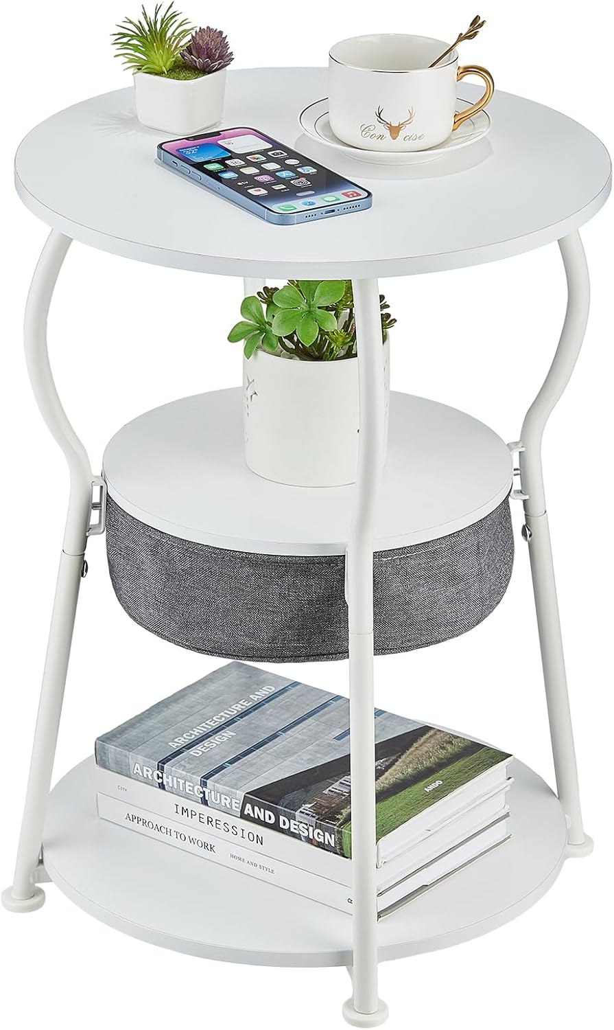 ZEXVIDA runder Beistelltisch Vintage mit Stauraum (3-stufig), weiß, 40 x 55 cm
