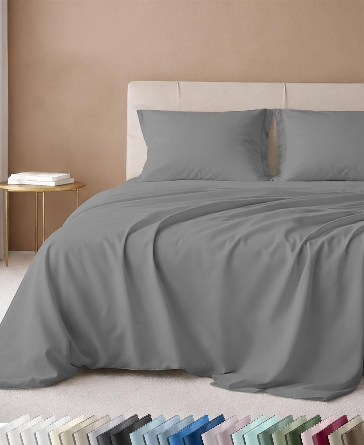 Detalle de California Design Den OZJONG Full Sheet Set, 600-Thread-Count Cotton Sateen, Mist Grey