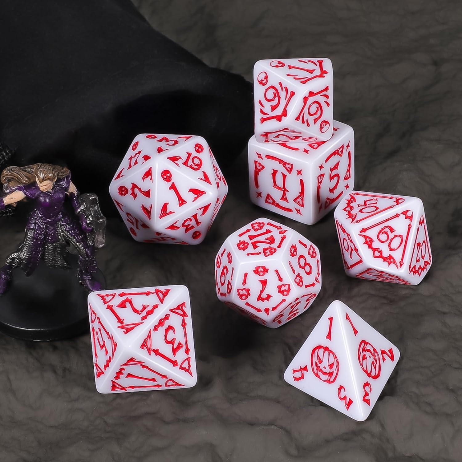 Thumbnail 3 de QMAY Set di Dadi Poliedrici per D&D e RPG – 7 pezzi (D20, D12, D10, D% D8, D6, D4) Bianco Halloween