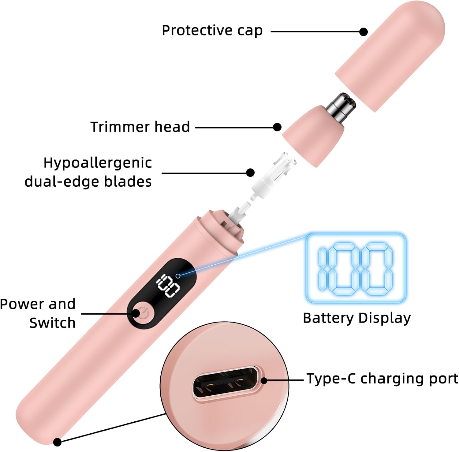 Detalle 2 de Nose Hair Trimmer Rechargeable Cordless – Painless Ear and Eyebrow Trimming Tool