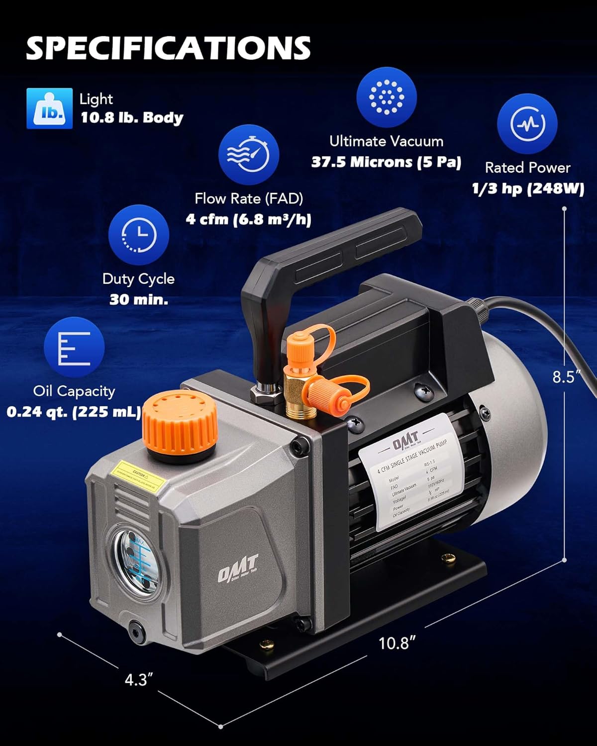 Detalle 2 de Orion Motor Tech 1/3 hp 4 cfm AC vacuum pump kit