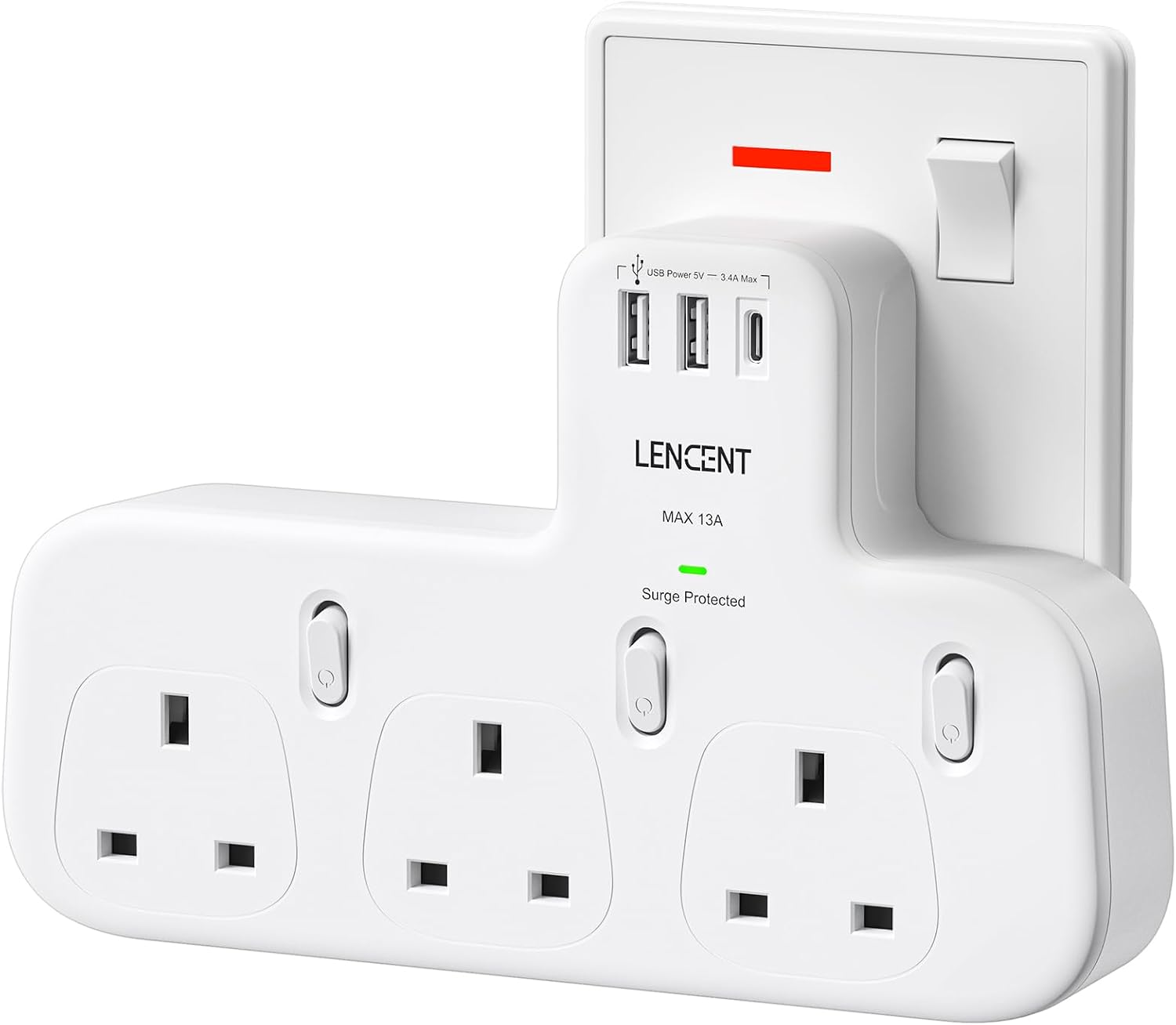 Detalle de LENCENT 3-Way Plug Extension with Surge Protection, 1 USB-C and 2 USB-A Ports (13A, 3250W)