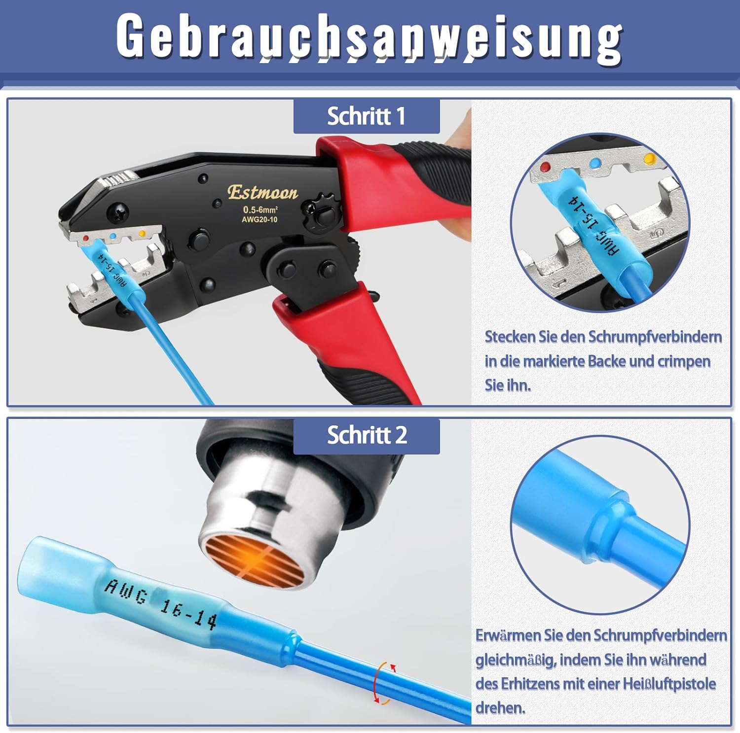 Thumbnail 4 de Estmoon Crimpzange für Schrumpfverbinder – 210 Stück Wärmeschrumpf-Stoßverbinder, 0,5–6 mm²