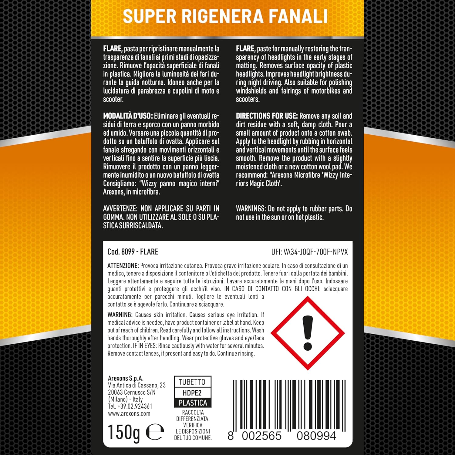 Detalle 2 de Arexons Car Care Pro FLARE - Super Rigenera Fanali: pasta 150 g per trasparenza e lucidatura