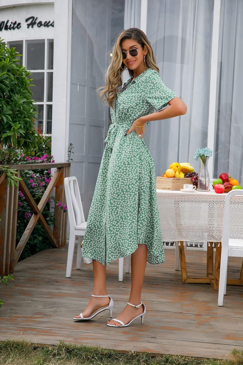 Thumbnail 1 de Livonmone Sommerkleid Damen mit V-Ausschnitt, Blumendruck und Gürtel