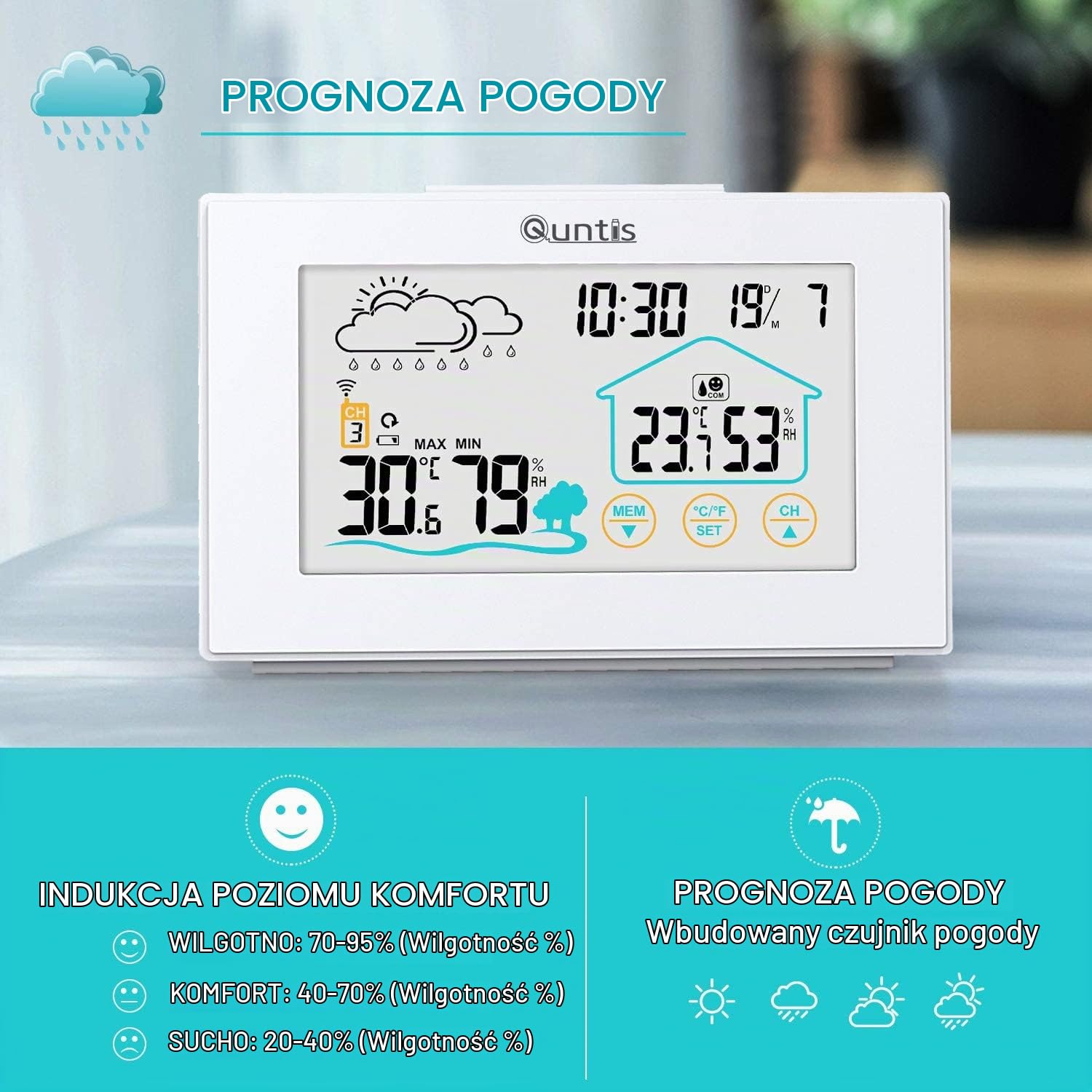 Detalle de Quntis stacja pogodowa z 3 czujnikami, ekranem dotykowym i budzikiem