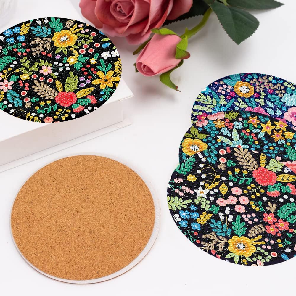 Detalle de mrpwnle 8-Pack Floral Diamond Art Coaster Kit with Acrylic Coasters, Cork Pads and Holder